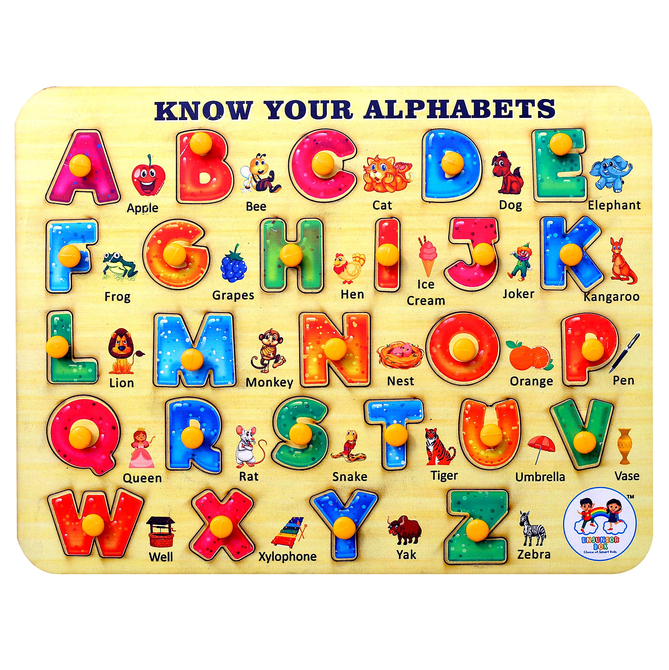 ENJUNIOR BOX - Wooden Alphabet Puzzle with Knobs | Montessori Learning Toy for Toddlers & Preschoolers | ABC Letter Recognition Educational Game for Kids | Perfect for Homeschooling & Early Childhood Development