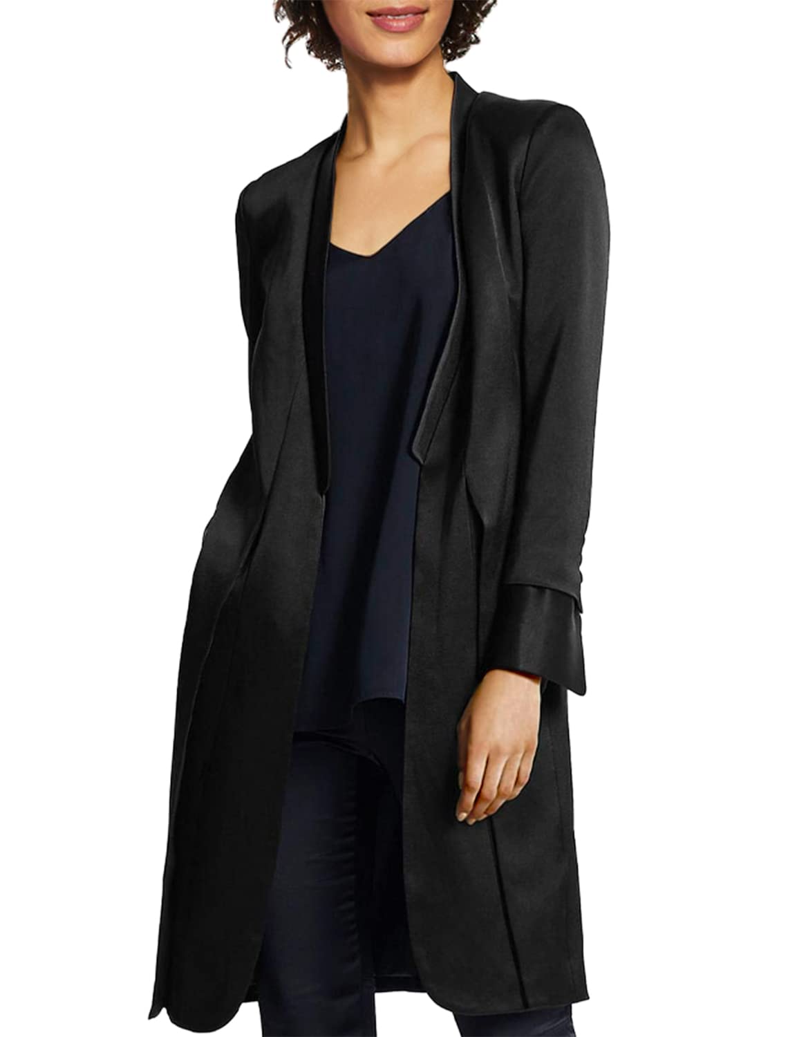 HALSTON Women's Long Sleeve Satin Duster Jacket - Elegant Open Front Coat for Fall & Winter - Perfect for Office, Date Night & Special Occasions