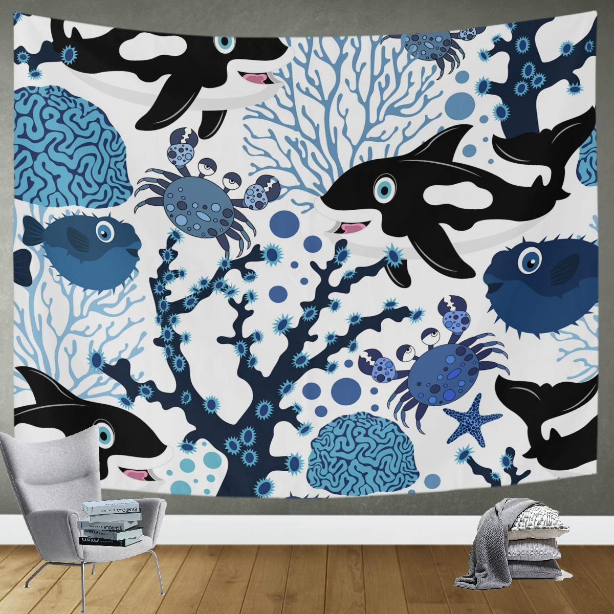 Nautical Seamless Pattern Tapestry Wall Hanging - 80x60in Trippy Wall Art for Bedroom & Living Room Decor | Boho Beach Theme Home Accent | Perfect for Dorm, Apartment, and Meditation Spaces
