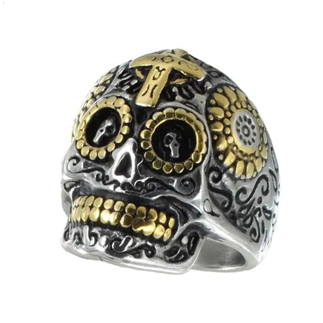 GoSteel Men's Sugar Skull Ring - Gothic Punk Jewelry for Men - Stainless Steel Skeleton Hand Ring - Perfect for Halloween, Day of the Dead, and Alternative Fashion