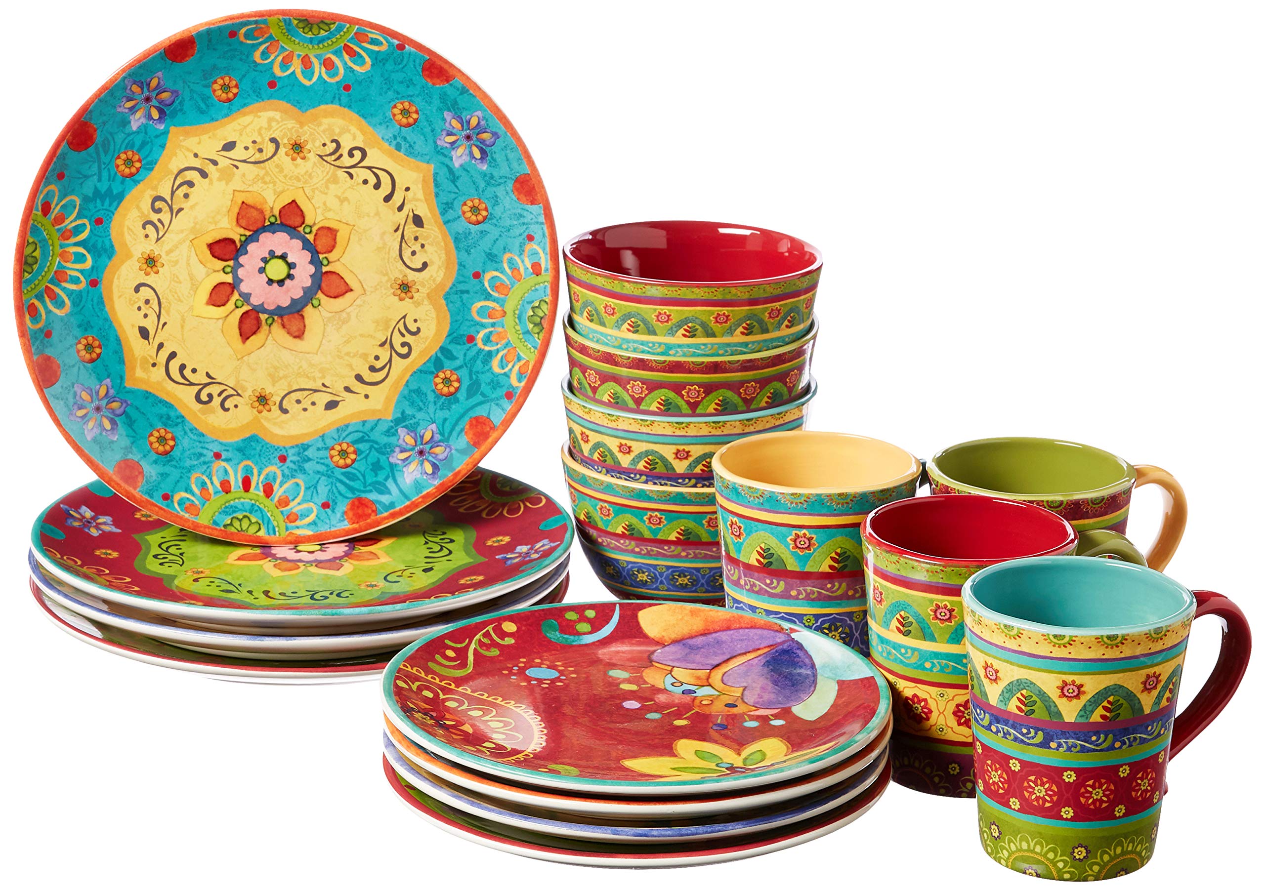 Certified International Tunisian Sunset 16-Piece Dinnerware Set - Service for 4 - Colorful Plates, Bowls & Cups - Elegant Tableware for Dinner Parties, Holidays & Everyday Use