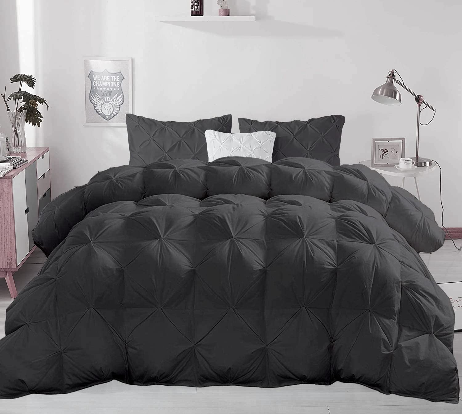 Luxury 500 GSM Dark Gray 5-Piece Pinch Pleated Twin Size Comforter Set - 100% Egyptian Cotton (Comforter + 4 Pillowcases) for Cozy Bedroom Decor & Guest Room Essentials