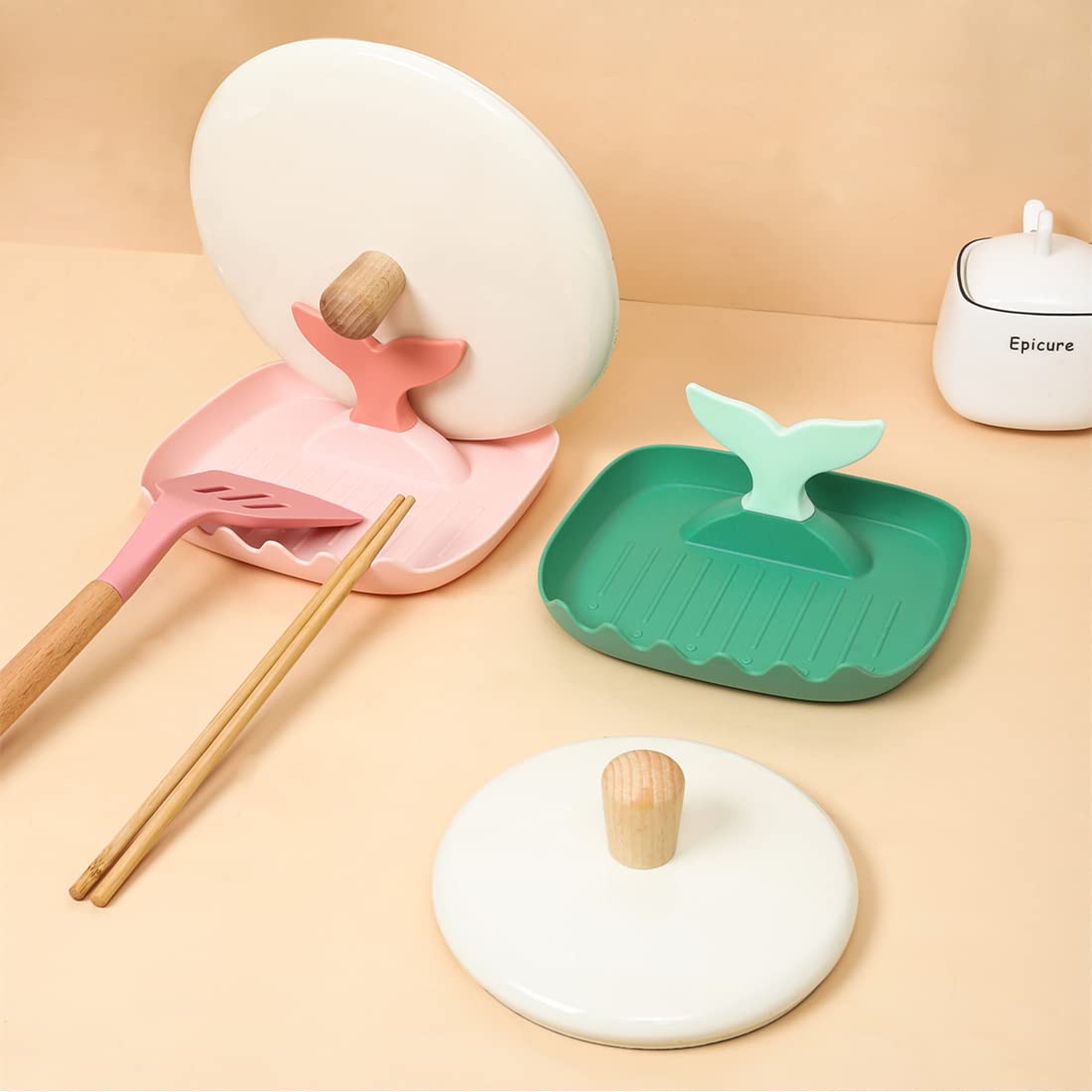 Heat-Resistant Silicone Spoon Rest with Drip Pads & Pot Lid Holder - BPA-Free Kitchen Utensil Organizer for Stove Countertop - Perfect for Ladles, Tongs, Forks (Green) - Ideal for Cooking, Baking & Kitchen Organization