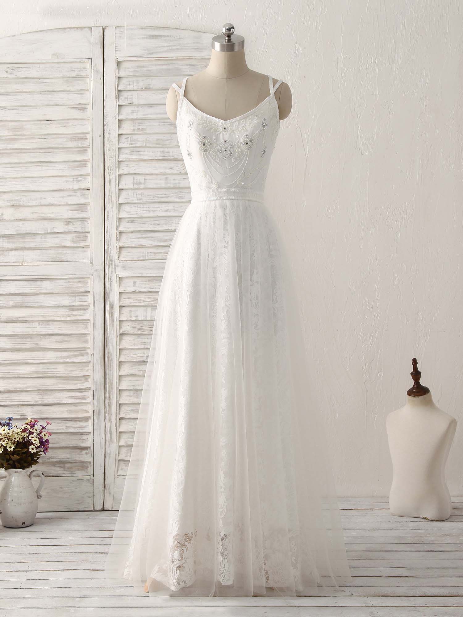 Elegant White V-Neck Tulle Lace Long Prom Dress - Formal Evening Gown for Homecoming, Wedding, and Special Occasions