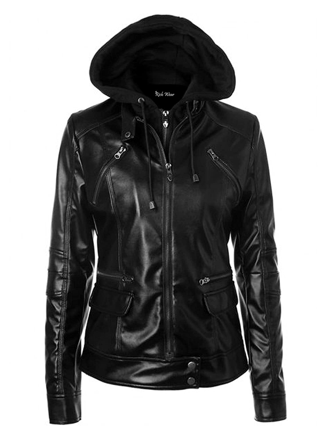 Rich Wear Women's Biker Hooded Leather Jacket - Stylish Faux Leather Motorcycle Jacket for Women - Perfect for Riding, Casual Outfits & Night Out