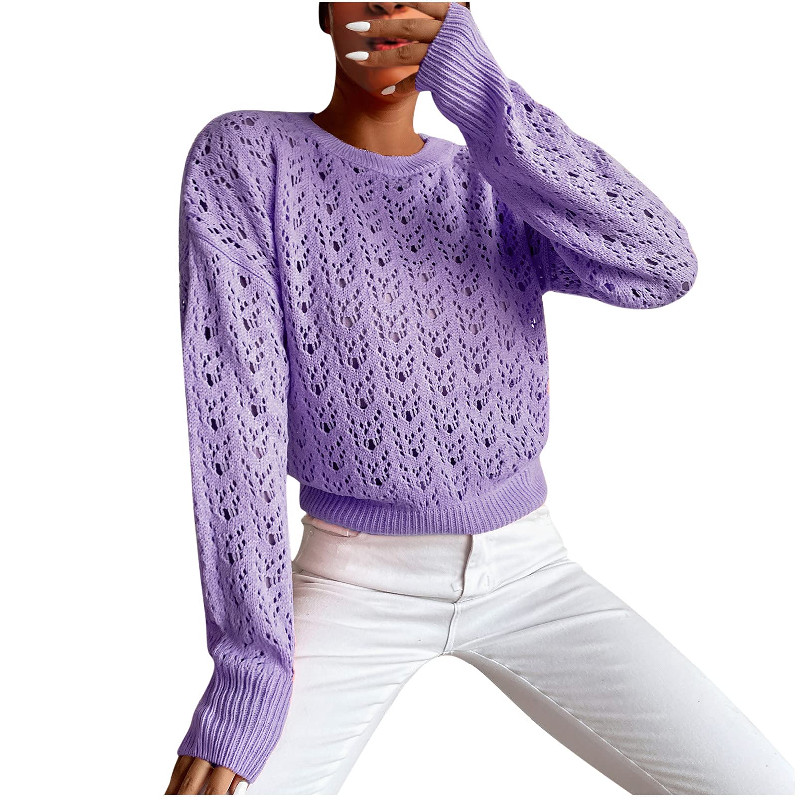 Women's Lightweight Pullover Sweater - Long Sleeve Solid Color Hollow Knit Top for Fall & Winter | Casual Office Wear, Layering Piece, Weekend Outfits