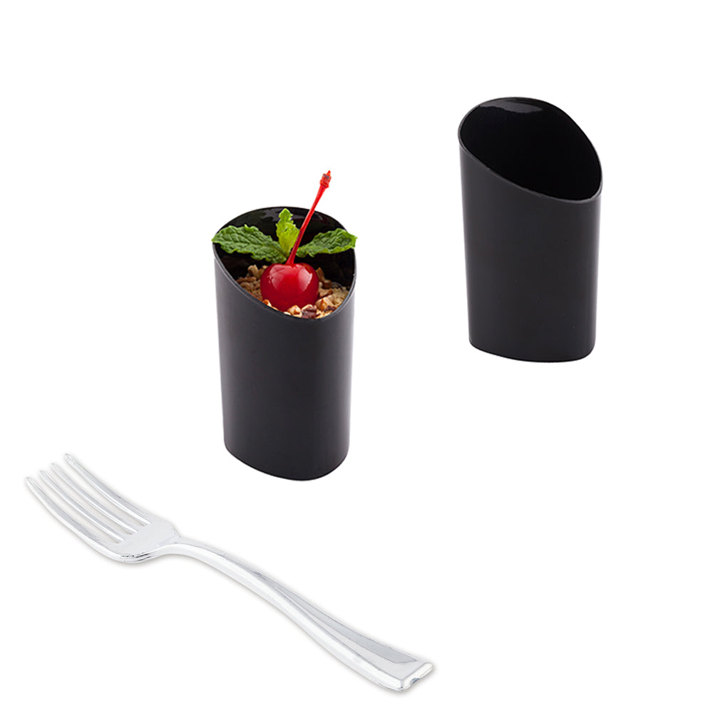 100-Pack 3 oz Black Plastic Triangle Shot Glasses & 100-Pack Silver Plastic Mini Forks - Perfect for Parties, Weddings, and Cocktail Events