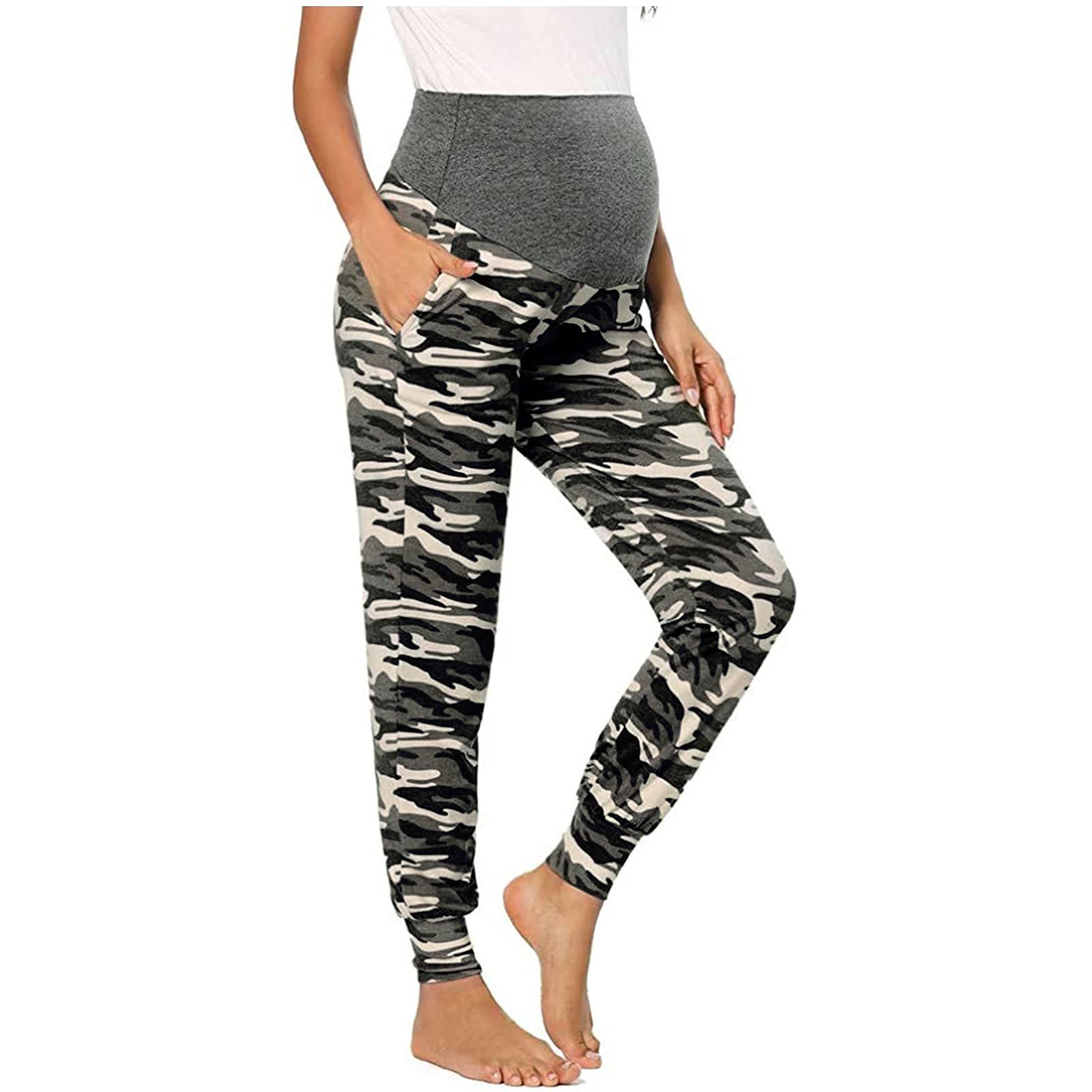Plus Size Maternity Pants for Women - Camouflage Print Stretchy Comfortable Pregnancy Lounge Pants | Perfect for Casual Wear, Maternity Photos & Relaxing at Home