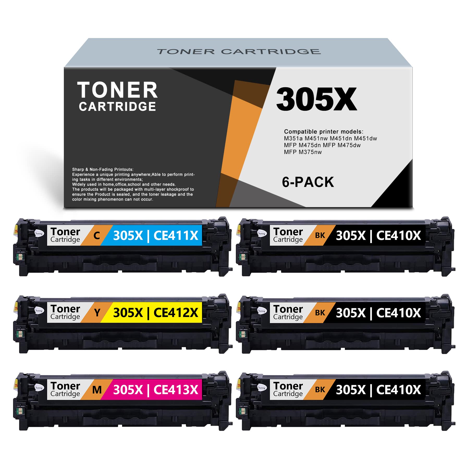 6-Pack HP Pro MFP M475dn/M475dw/M375nw/M351a/M451nw/M451dn/M451dw Compatible Toner Cartridges (3BK/C/M/Y) - CE410X CE411X CE412X CE413X Replacement - High Yield Printing for Office & Home Use