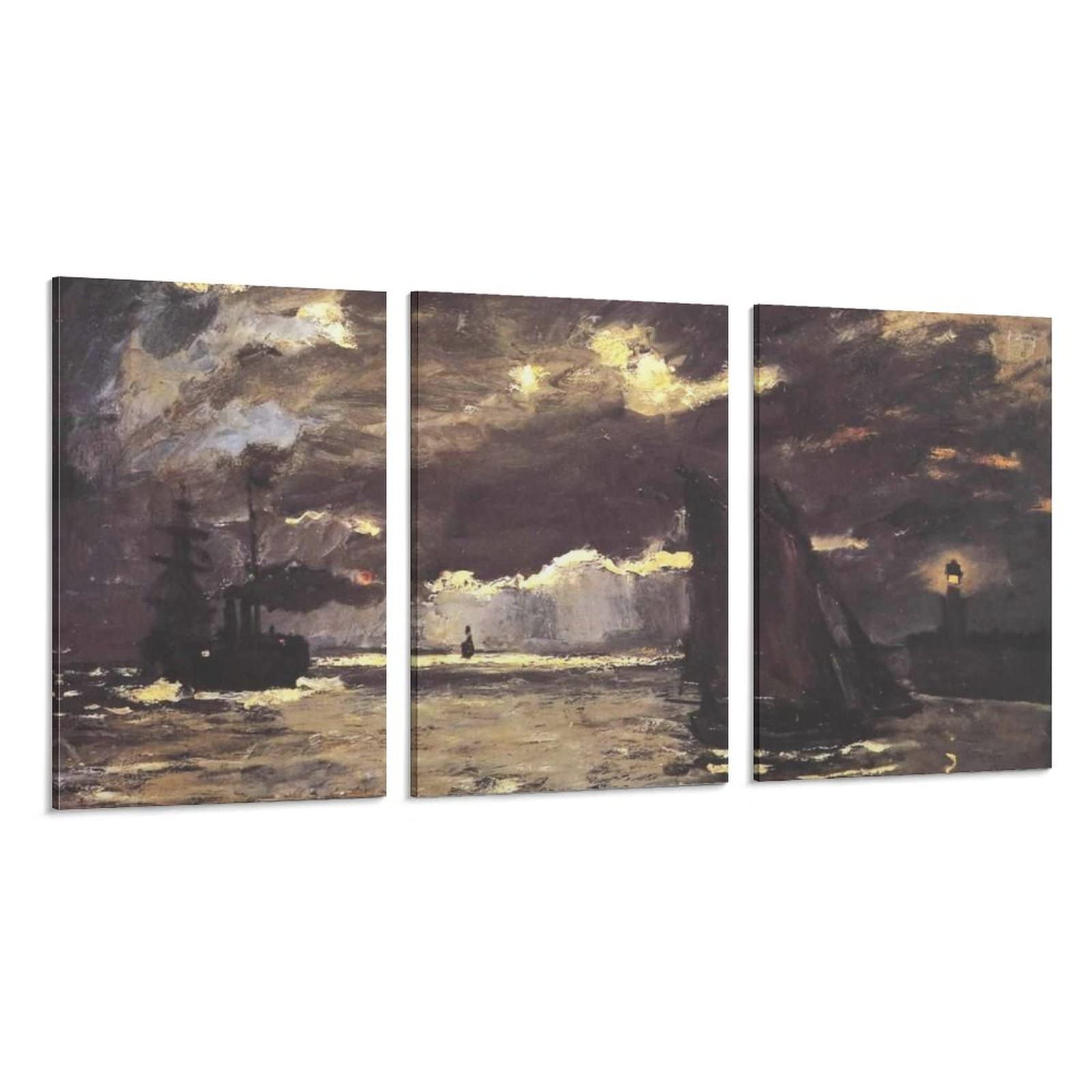 Claude Monet Seascape Shipping by Moonlight 1864 Impressionist Art Reproduction - 3 Panel Canvas Wall Art for Bedroom Decor, Famous Oil Painting Print, Modern Aesthetic Poster for Living Room & Office