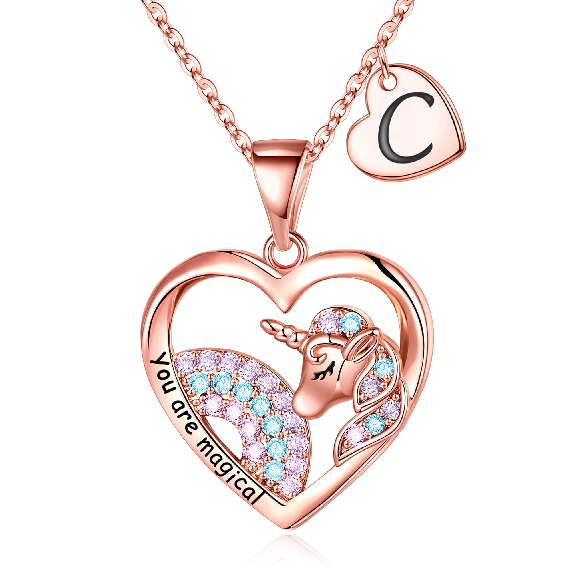 Rose Gold Plated Unicorn Heart Necklace for Women & Girls - Initial Personalized Jewelry, Birthday Gift for Her - Perfect for Parties, Valentine's Day & Special Occasions