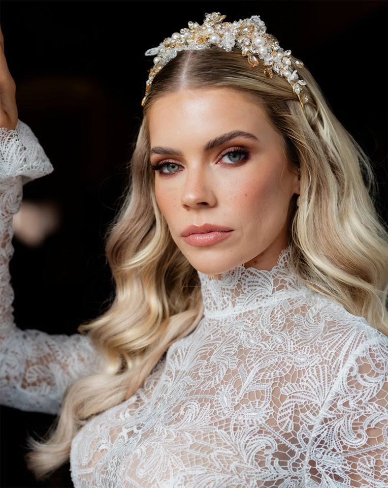 Elegant Bridal Headpiece - Grace Kelly Inspired Lace Headband with Pearls & Crystals | Adonia by Kezani | Perfect for Weddings & Formal Events