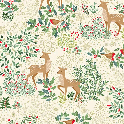 Enchanted Christmas Makower Fabrics M026Q Ivory Reindeer - Festive Holiday Quilting & Craft Fabric for DIY Christmas Decorations, Stockings, and Table Runners