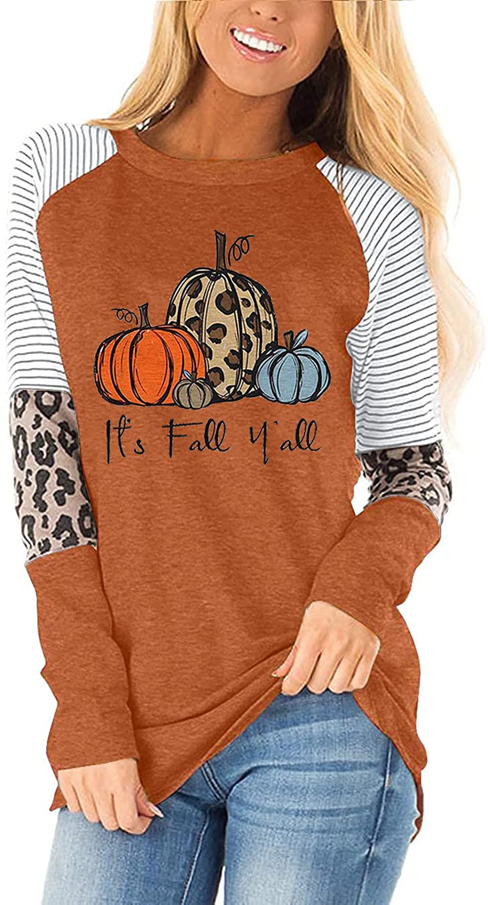 Thankful Grateful Blessed Women's Plaid Pumpkin Thanksgiving T-Shirt - Leopard Stripe Color Block Fall Tee for Autumn Outfits & Holiday Gatherings