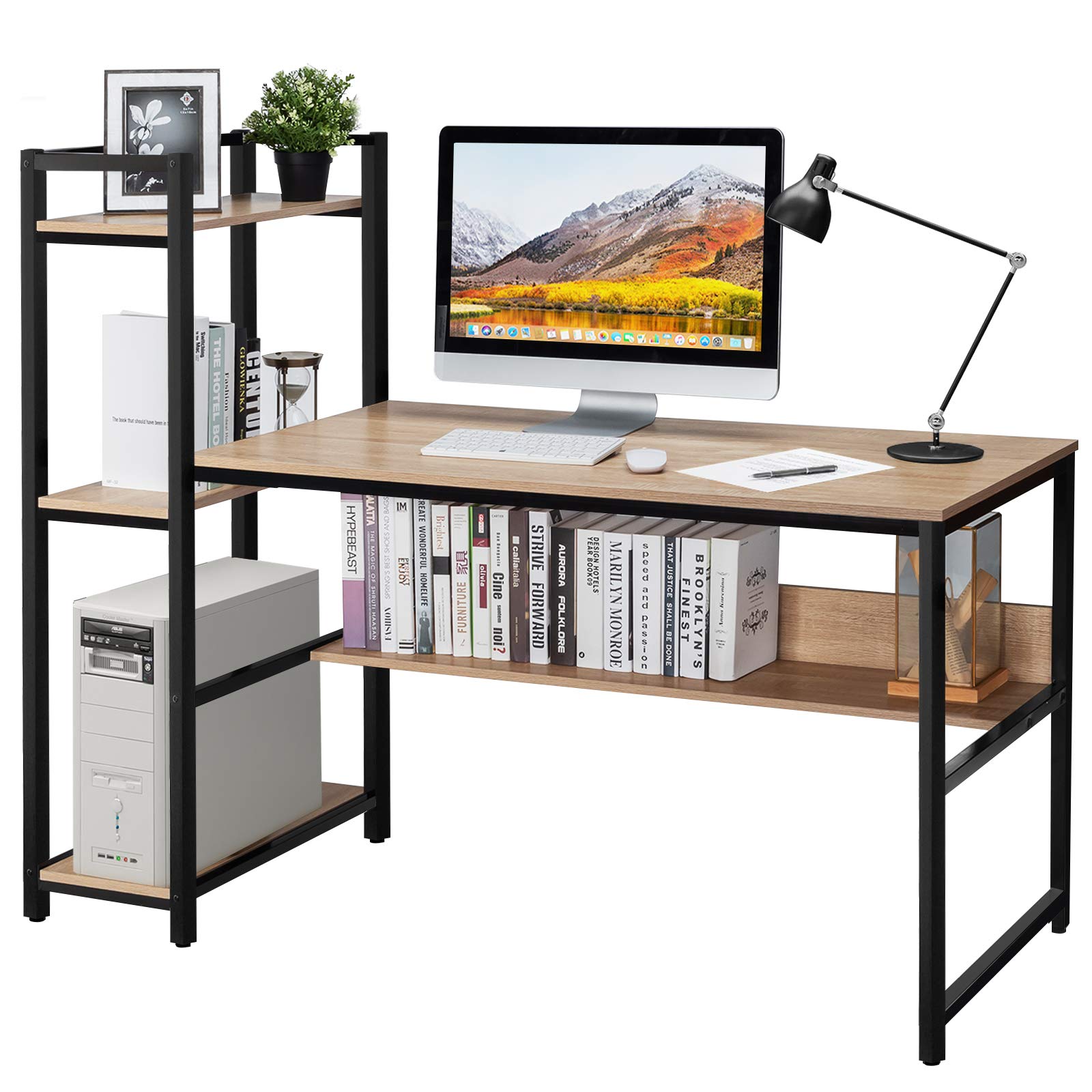 Tangkula 59-Inch Home Office Computer Desk with Bookshelf & Storage, Sturdy Metal Frame Study Writing Desk with Adjustable Foot Pads - Perfect for Small Spaces, Gaming Setup, Remote Work & Student Dorm Rooms