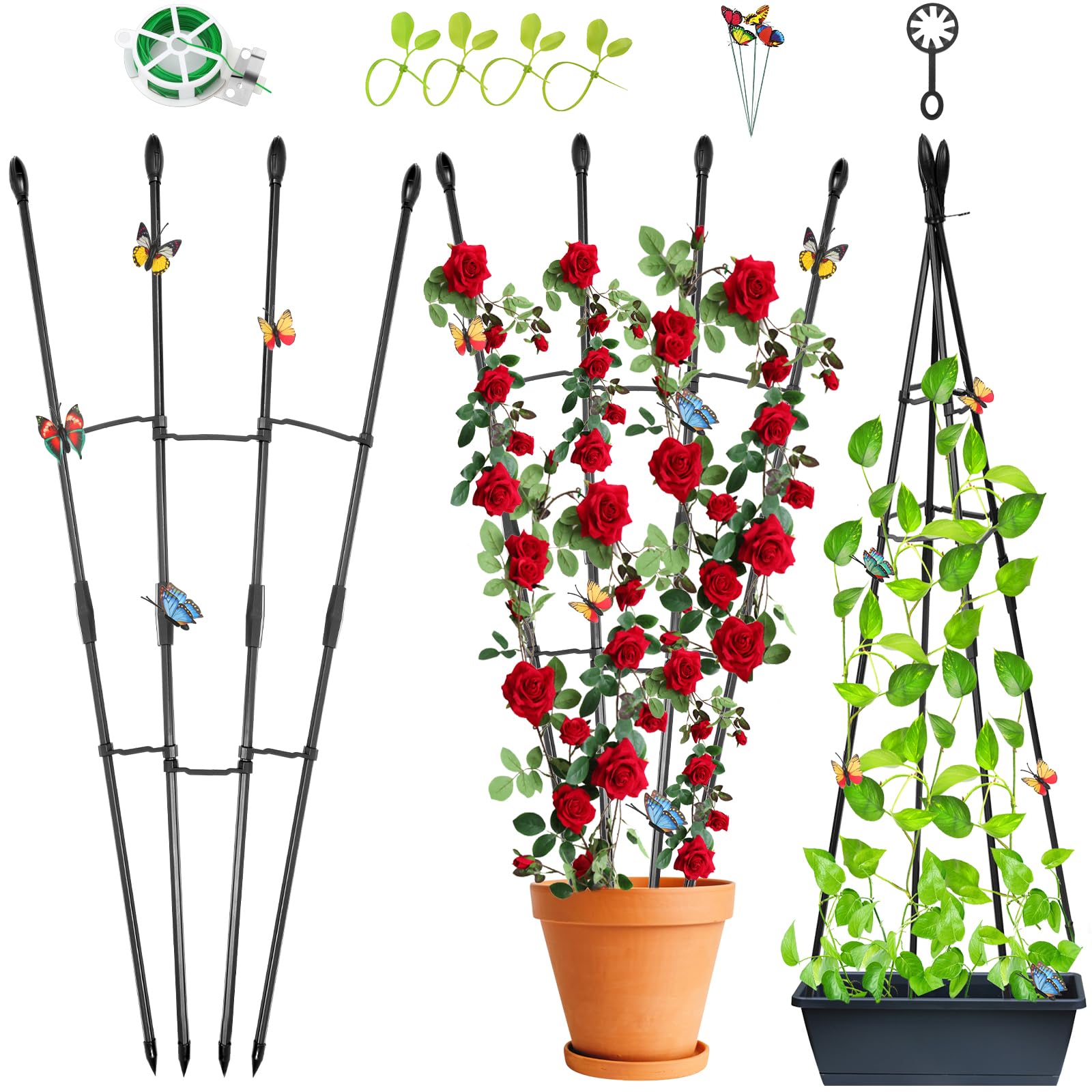 2 Pack 31.49 Inch Garden Trellis for Climbing Plants - Indoor & Outdoor Plant Support with Twist Ties & Butterfly Stakes - Perfect for Potted Vines, Roses, Tomatoes & Home Garden Decor