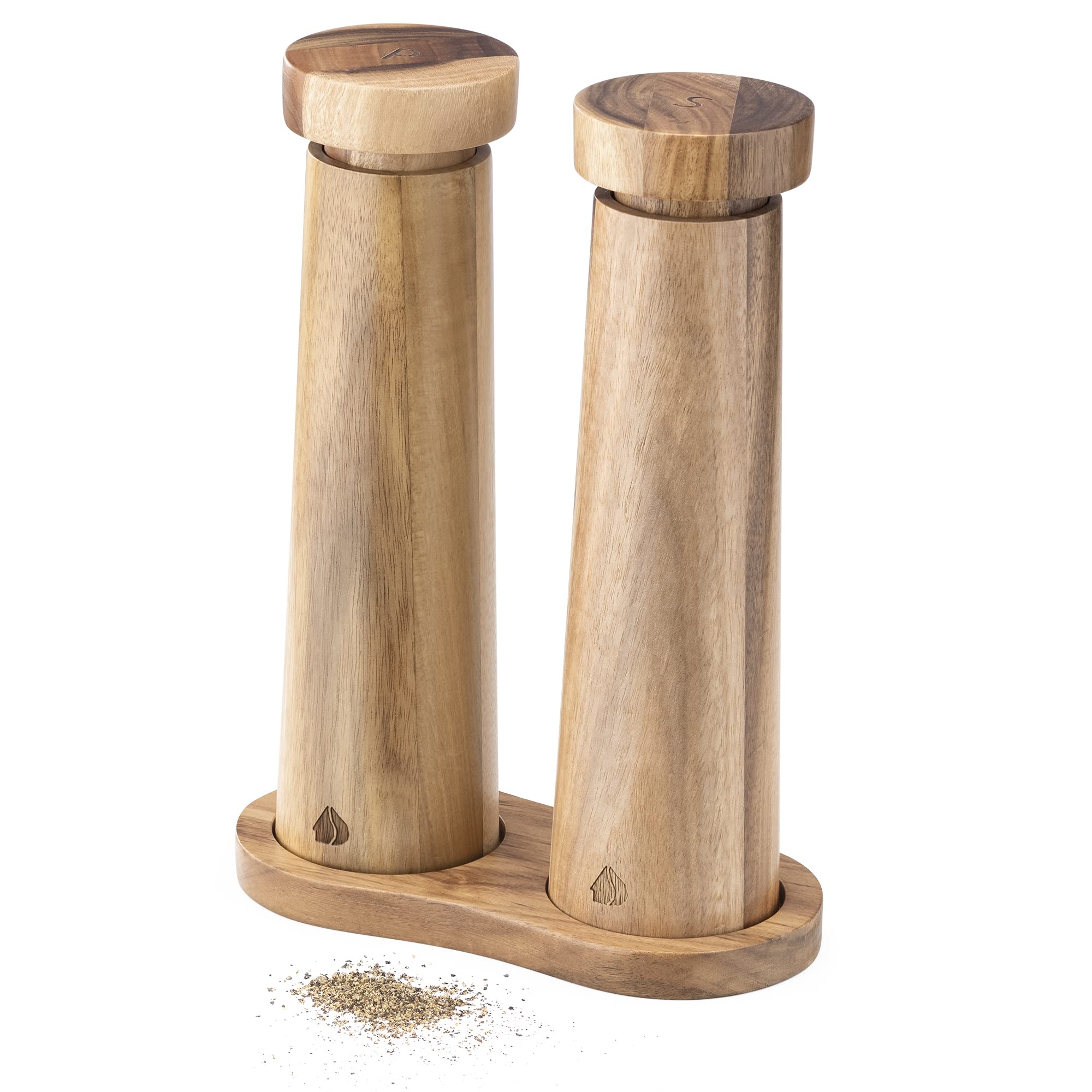 Premium Acacia Wood Salt and Pepper Grinder Set with Ceramic Core - Adjustable Coarseness, Includes Wooden Tray - Ideal for Home Kitchen, Restaurant Dining & Gourmet Cooking