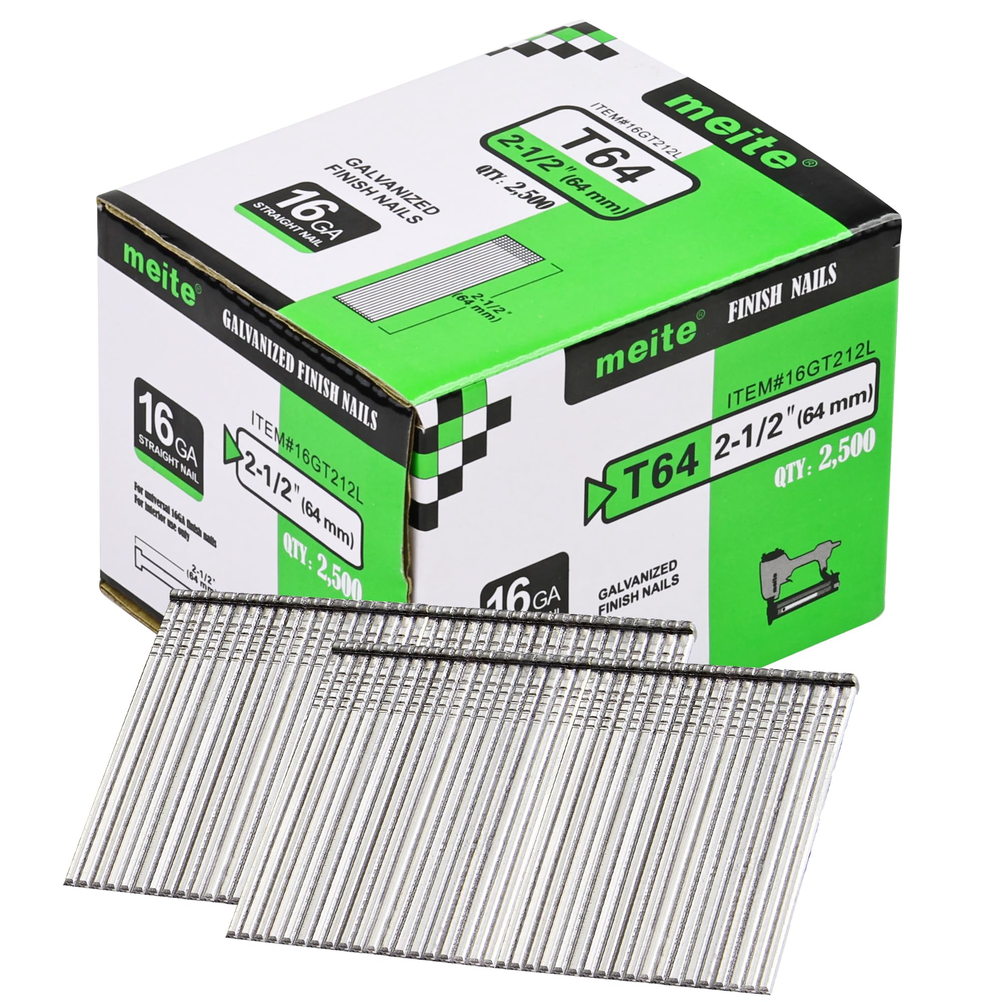 Meite 16 Gauge 2-1/2 Inch Galvanized Finish Nails for Electric & Pneumatic Nailer Guns - 1 Box (2000 Count) - Perfect for Trim Work, Crown Molding, and Baseboard Installation