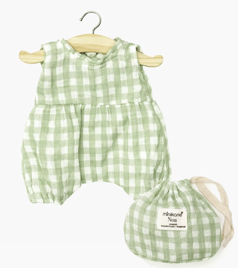 Minikane Green Vichy Noa Romper with Pouch for Baby Dolls - Perfect for Dress Up, Pretend Play & Collectible Display