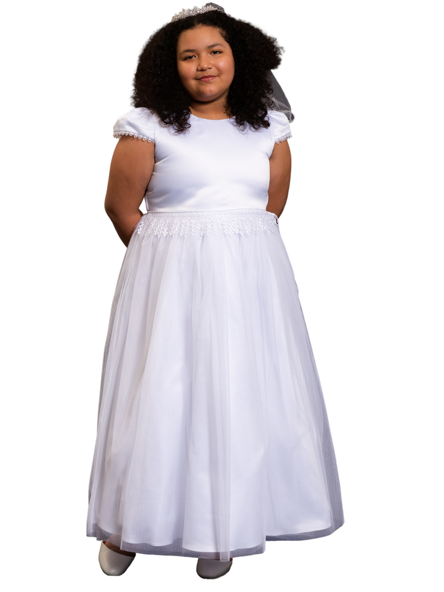 Plus Size Communion Dress for Big Girls - White Chandelier Trim Elegant Church Gown Size 18.5 | Perfect for First Communion, Baptism & Special Religious Ceremonies