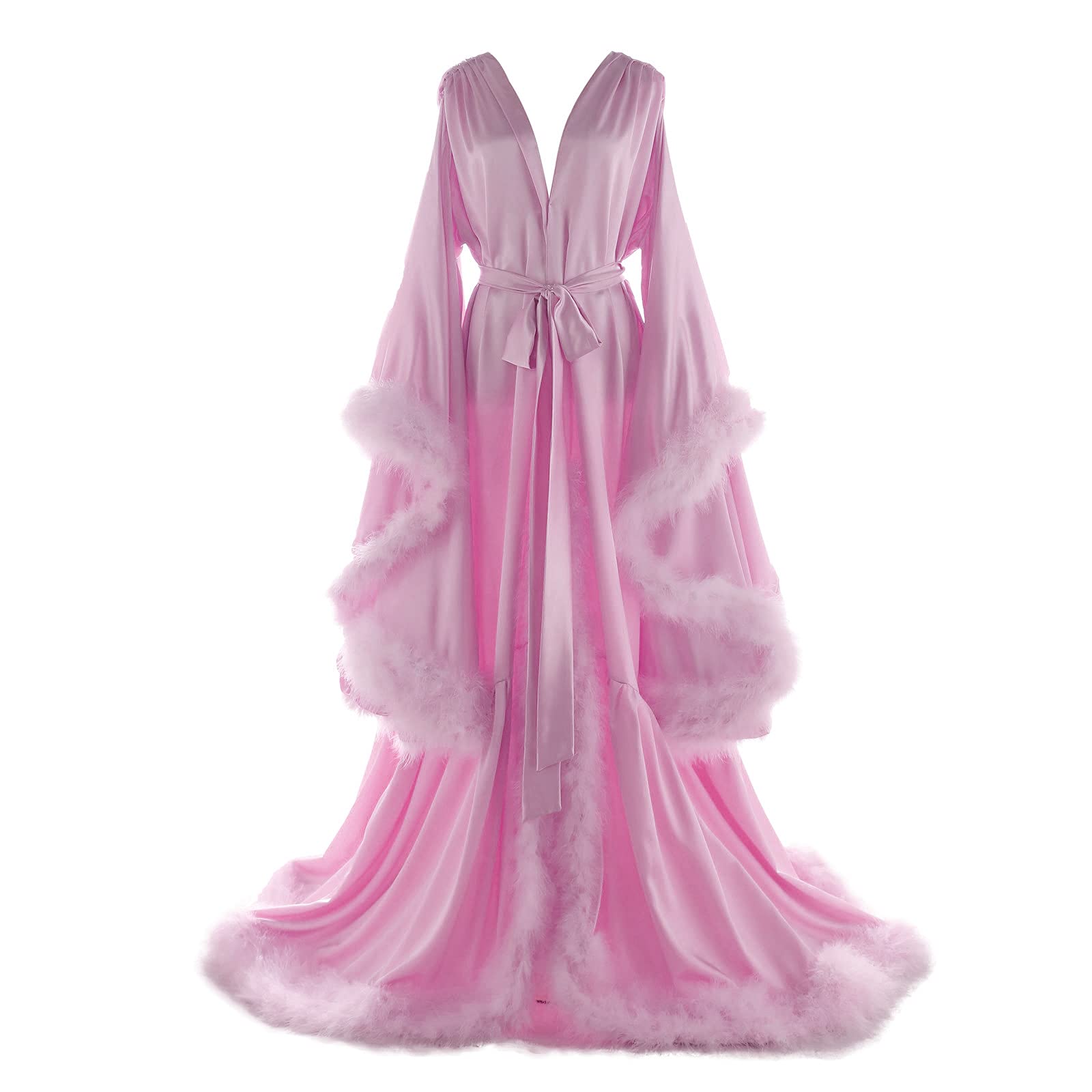 Elegant Women's Feather Bridal Robe - Vintage Hollywood Maternity Photoshoot Cover Up, Silk Nightgown & Long Lingerie Bathrobe for Wedding, Boudoir, Honeymoon & Luxury Homewear