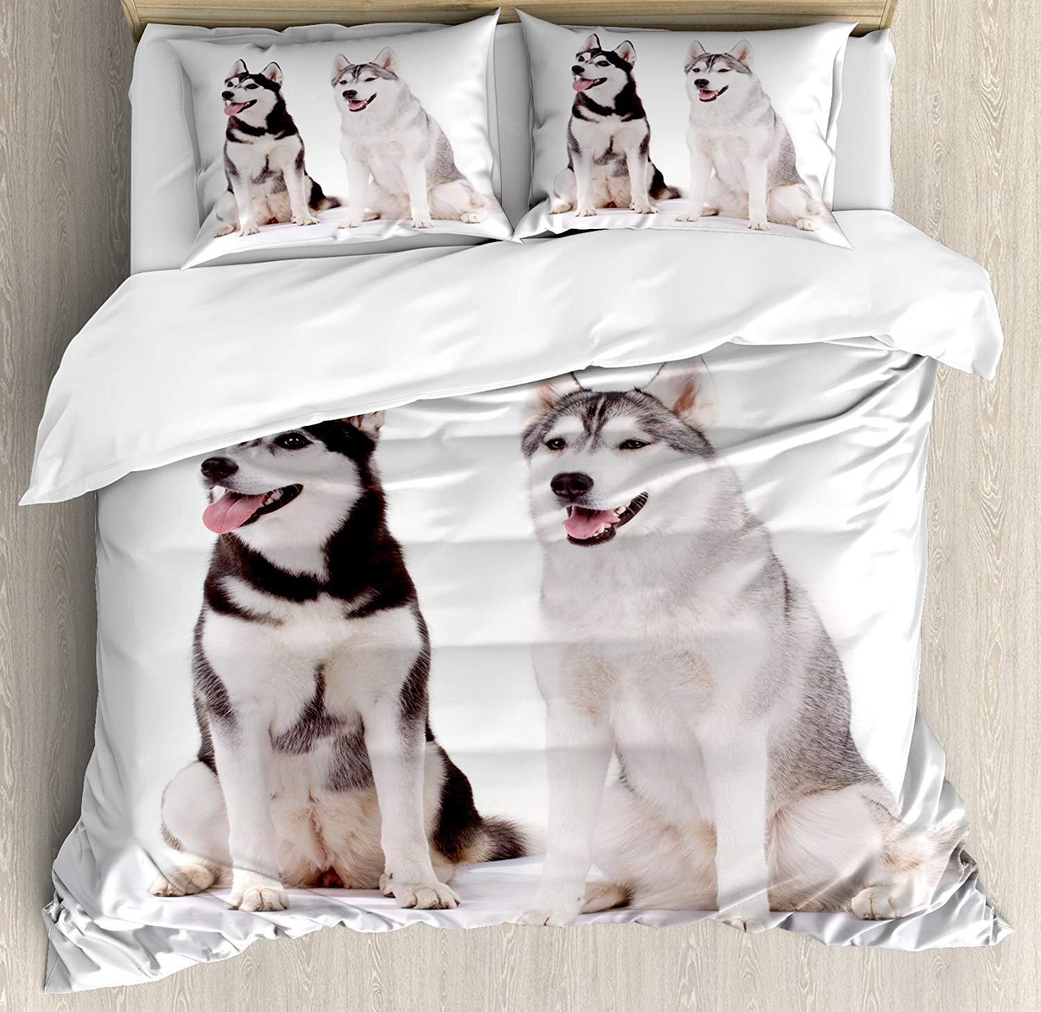 Alaskan Malamute Duvet Cover Set Queen Size - Arctic Husky Dog Themed 4-Piece Bedding Set with Quilt Cover & 2 Pillow Cases in Black Cream White - Perfect for Dog Lovers' Bedroom Decor & Cozy Winter Nights