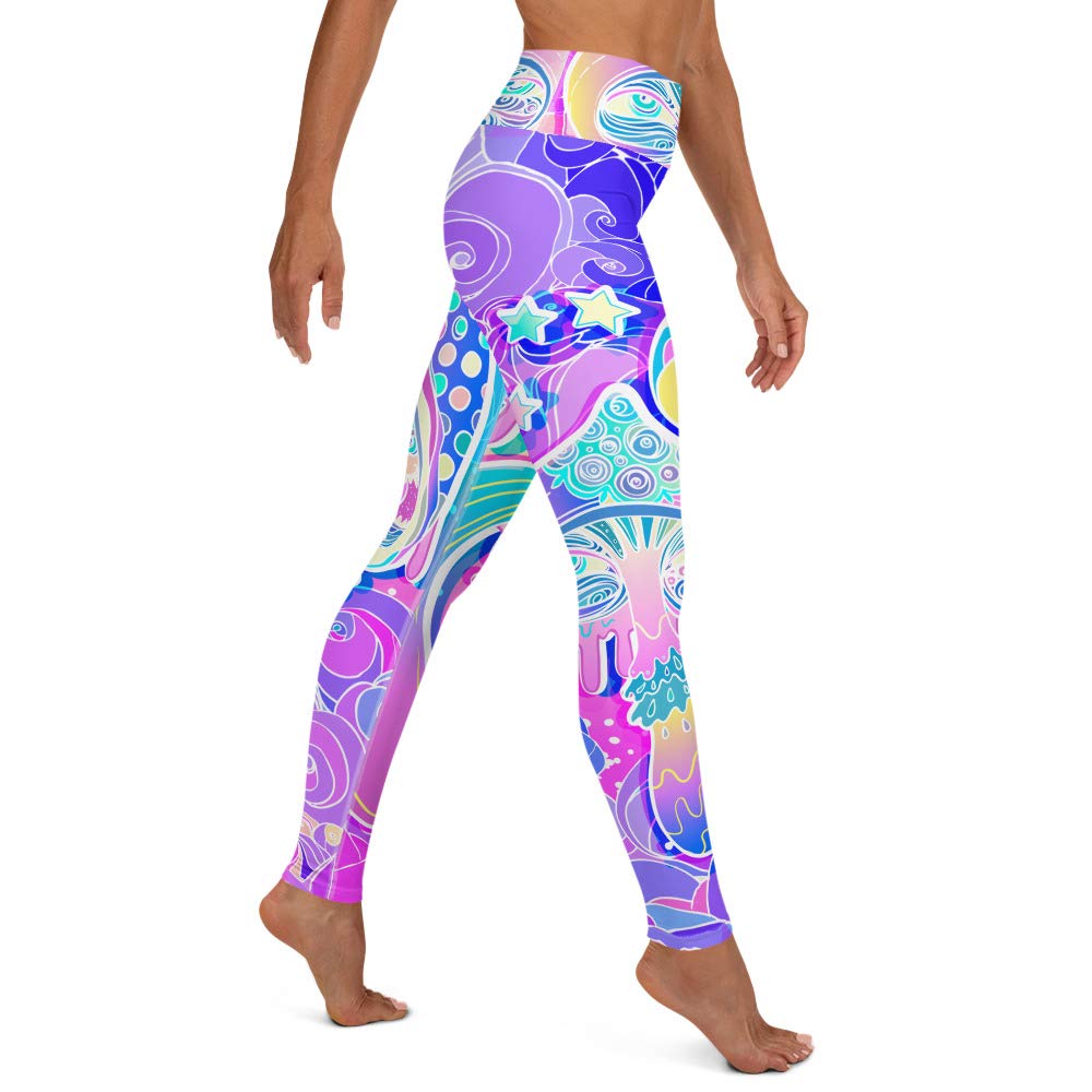 CB Smiles Magic Mushroom Yoga Pants - Psychedelic Trippy Leggings in Purple & Pink - Comfortable Stretchy Workout Pants for Yoga, Fitness & Festival Wear