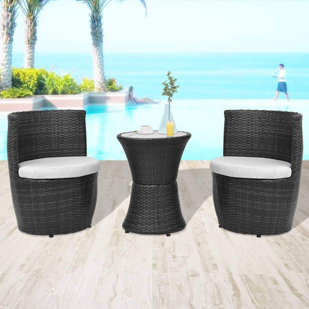 3-Piece Black Poly Rattan Bistro Set with Cushions - Outdoor Dining Table and Chairs for Kitchen, Garden, Patio, Backyard, Pub | Indoor & Outdoor Furniture for Breakfast, Coffee, Relaxing