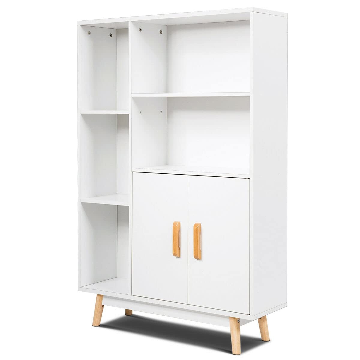 LIVIZA White Wooden Floor Storage Cabinet with Double Doors & 5 Shelves - Free Standing Bookcase Display Cabinet for Bedroom, Office, Living Room - Perfect for Organizing Books, Decor & Home Essentials