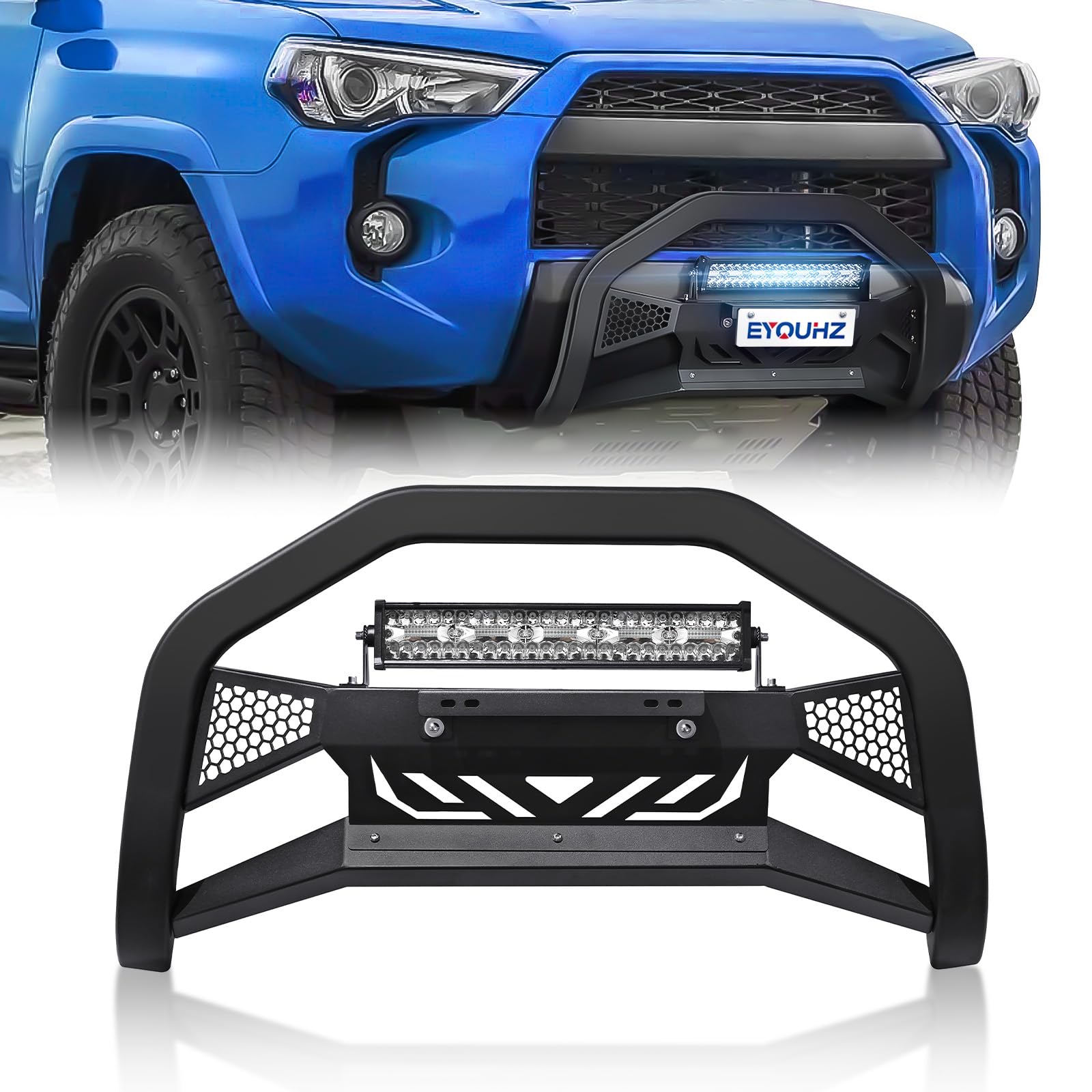 Heavy Duty Bull Bar with LED Light Bar & License Plate Bracket for 2010-2024 Toyota 4Runner | Off-Road Grille Guard Brush Push Bumper with Skid Plate & Light Mount | Perfect for Truck Protection & Off-Roading Adventures