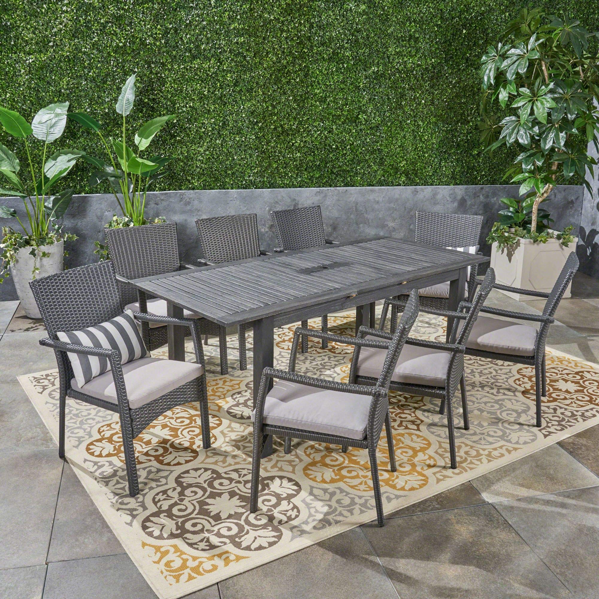 9-Piece Gray Outdoor Patio Dining Set with Expandable Table & Cushions - Modern Contemporary Furniture for Backyard, Garden, Poolside & Alfresco Entertaining
