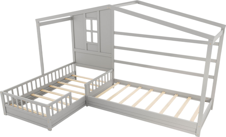 Costway L-Shaped Double Twin Bed Frame with House Design & Guardrails - Sturdy Platform Bed for Kids, Teens, and Small Spaces - Perfect for Shared Rooms, Dormitories, and Apartments