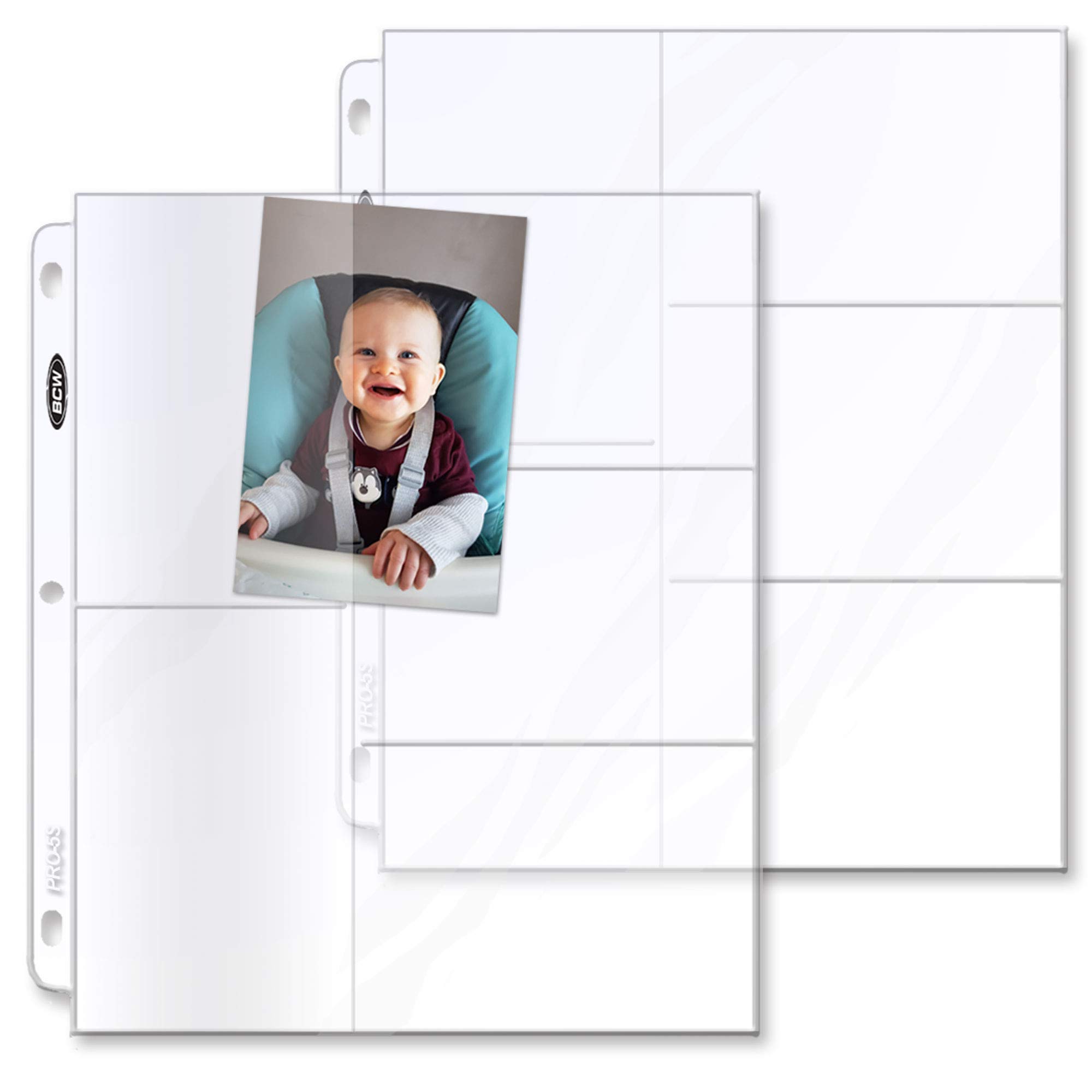 BCW Pro 5-Pocket Photo Pages (50 Count) - Acid-Free Archival Quality Photo Sleeves for Postcards & Trading Cards - Compatible with 3-Ring Binders - Perfect for Collectible Card Albums, Photocard Storage, and Trading Card Organization - Great for Collectors, Scrapbooking, and Photo Preservation