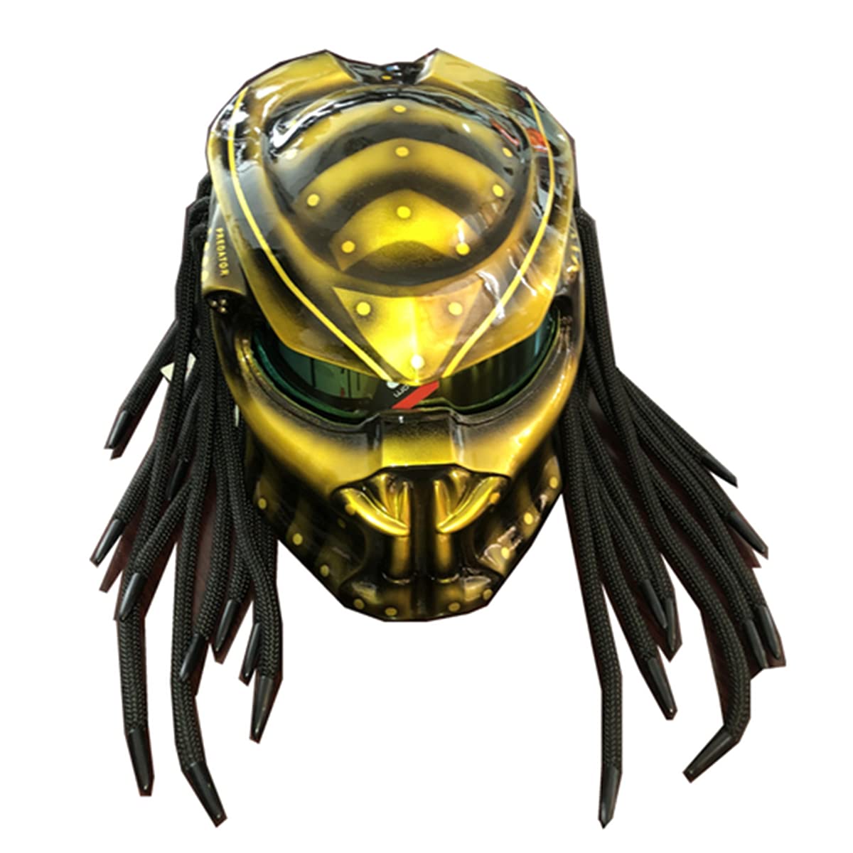 Predator Motorcycle Helmet DOT Certified - Full Face Bike Helmet with LED Lights & Hair Braid for Men & Women - Yellow Wasp Design for Outdoor Riding, Club Parties, Cosplay and Movie Props