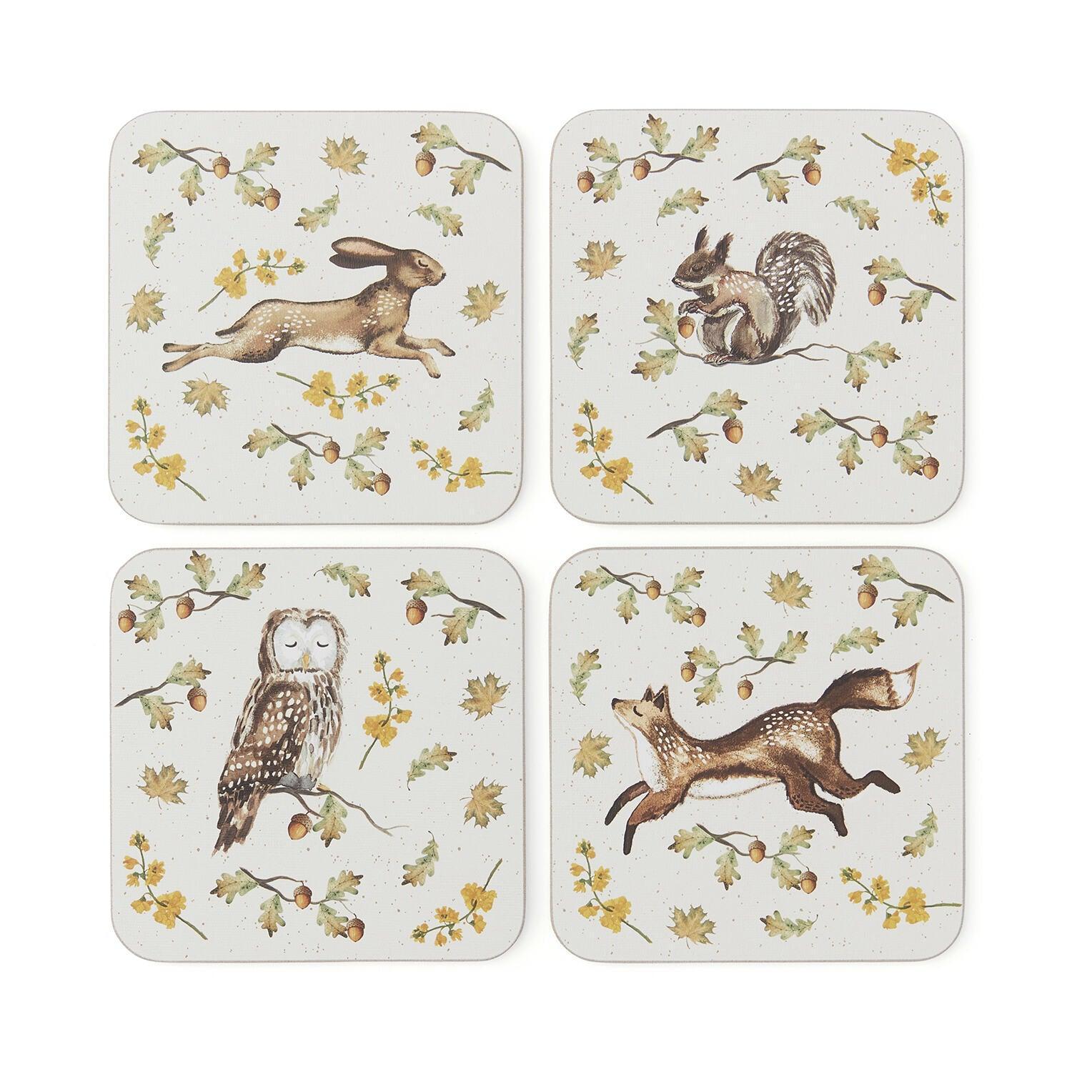 Forest Fable Set of 4 Absorbent Coasters - Waterproof Cork Backing for Coffee Tables, Dining Tables & Home Decor
