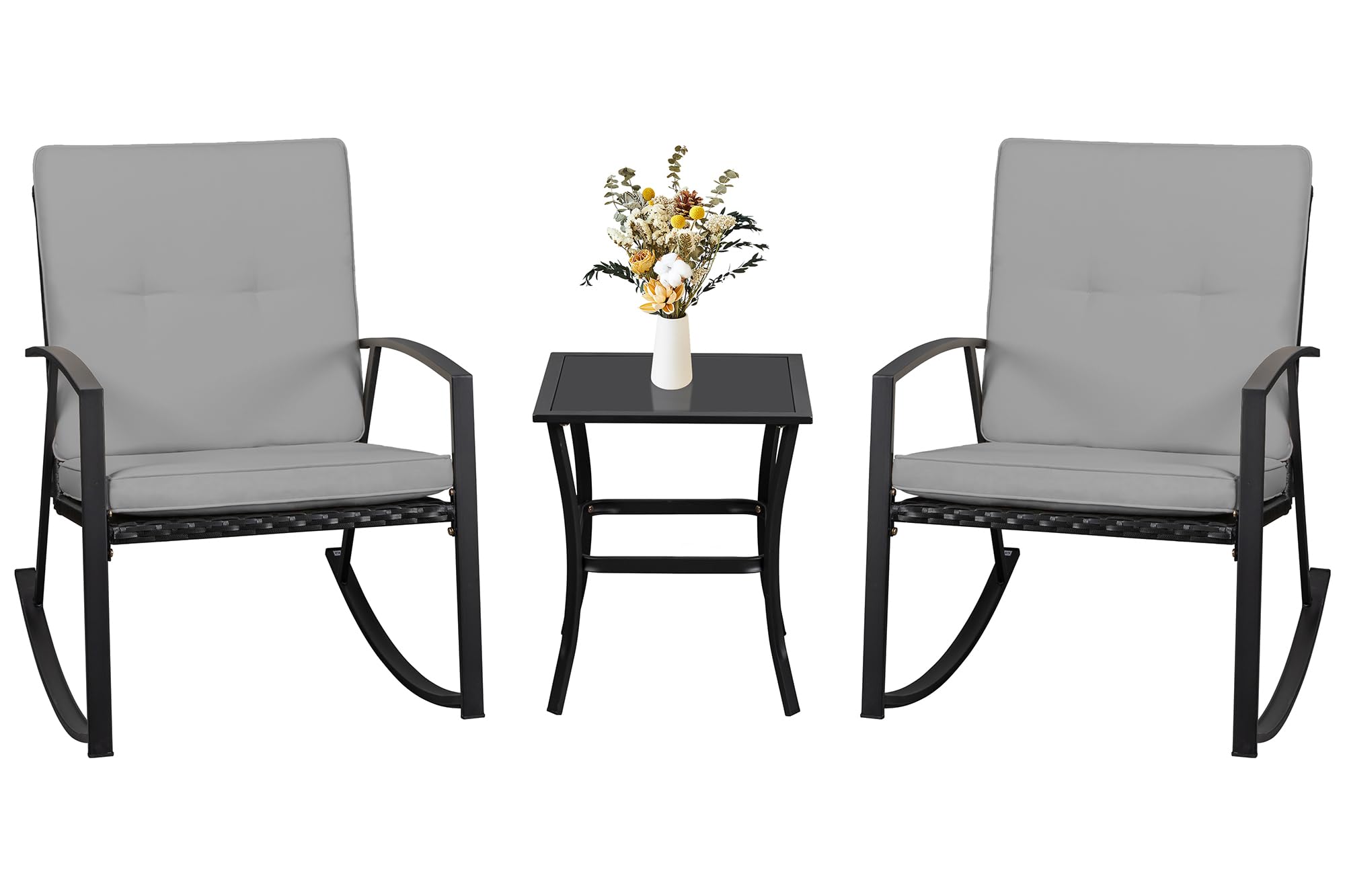 Walsunny 3-Piece Modern Outdoor Patio Furniture Set - Dark Grey Wicker Rattan Rocking Bistro Chairs with Coffee Table - Perfect for Garden, Balcony, Backyard and Poolside Relaxation
