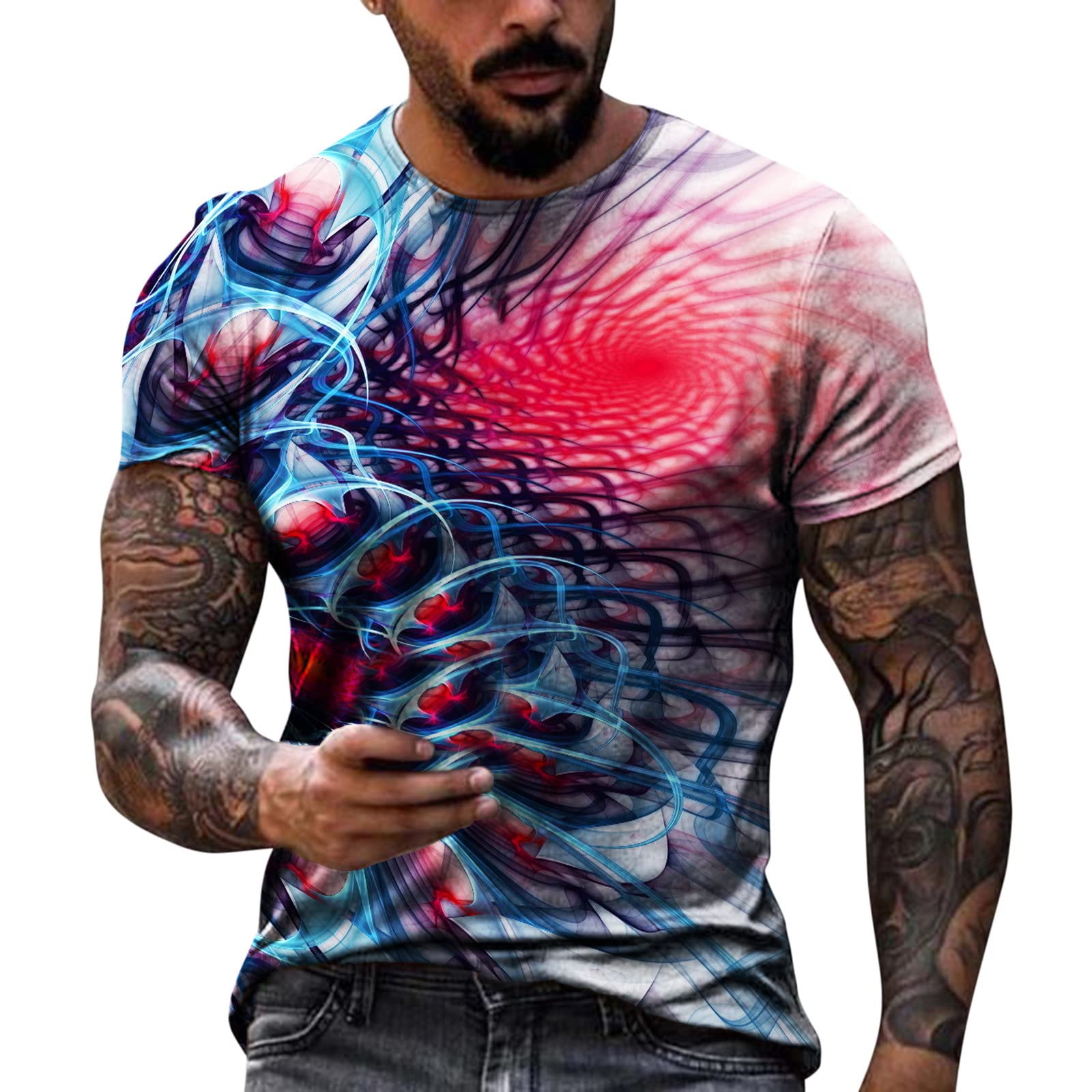 3D Printed Round Neck Men's Casual T-Shirt - Summer Short Sleeve Top, White Long Sleeve Undershirt | Perfect for Daily Wear, Gym, Layering & Outdoor Activities