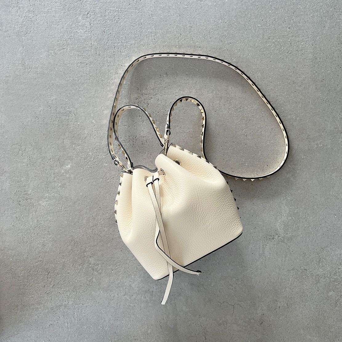 Valentino Rockstud Leather Bucket Bag in Ivory - Elegant Shoulder Bag for Women | Perfect for Date Night, Parties & Everyday Use