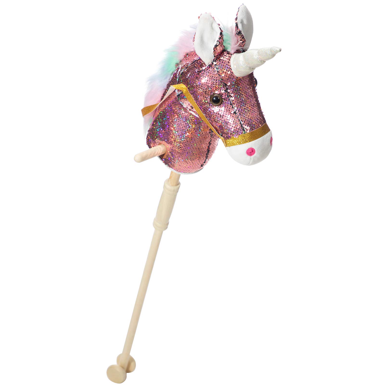 **HollyHOME Sequin Unicorn Stick Horse - Handcrafted Wooden Wheels, Real Neighing & Galloping Sounds - 36