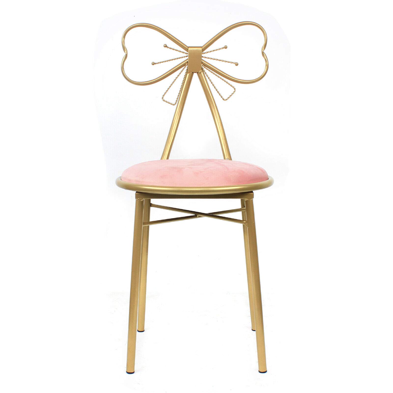 Elegant Pink Velvet Vanity Chair with Butterfly Bow Tie & Metal Frame - Plush Cushioned Makeup Seat for Bedroom, Dressing Room, or Kitchen Breakfast Nook - Stylish Lounge Chair for Pub, Home Decor, and Beauty Stations