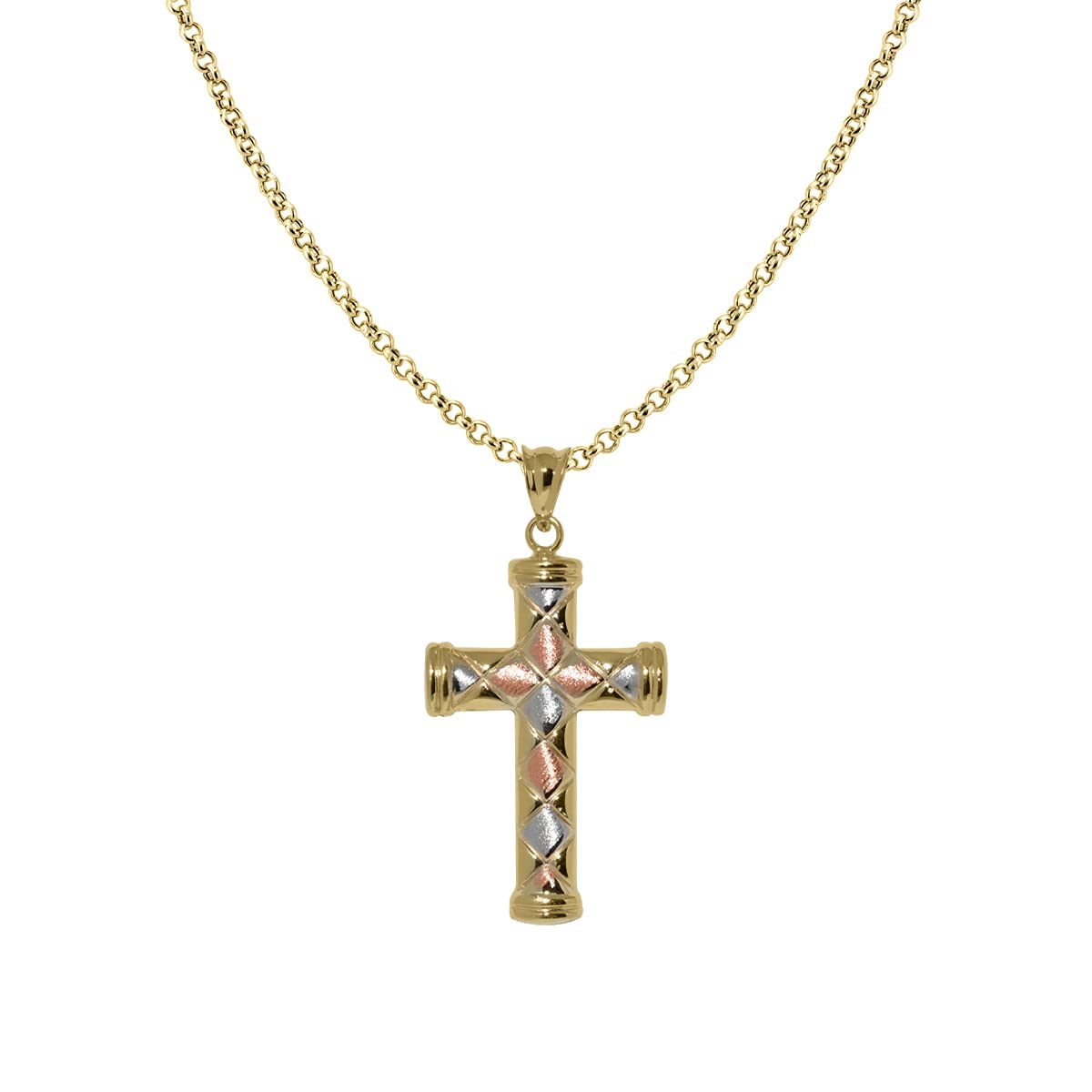 14K Tri-Tone Gold Quilted Cross Pendant Necklace with Cable Chain - Elegant Religious Jewelry for Women, Perfect for Church, Weddings & Everyday Wear