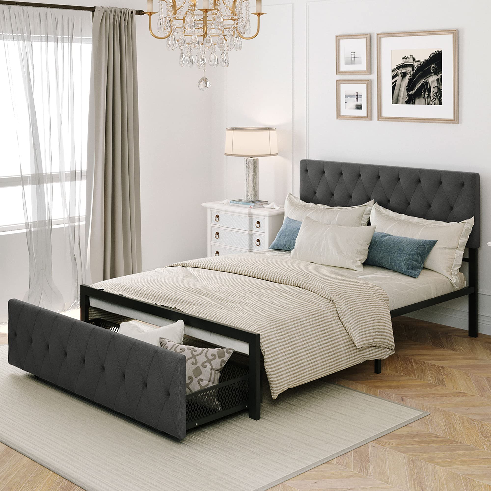 Full Size Platform Bed with Storage Drawers & Upholstered Headboard - Modern Metal Frame Bed for Bedroom & Guest Room - Space Saving Solution with Pull-Out Drawers for Linens, Clothes Storage
