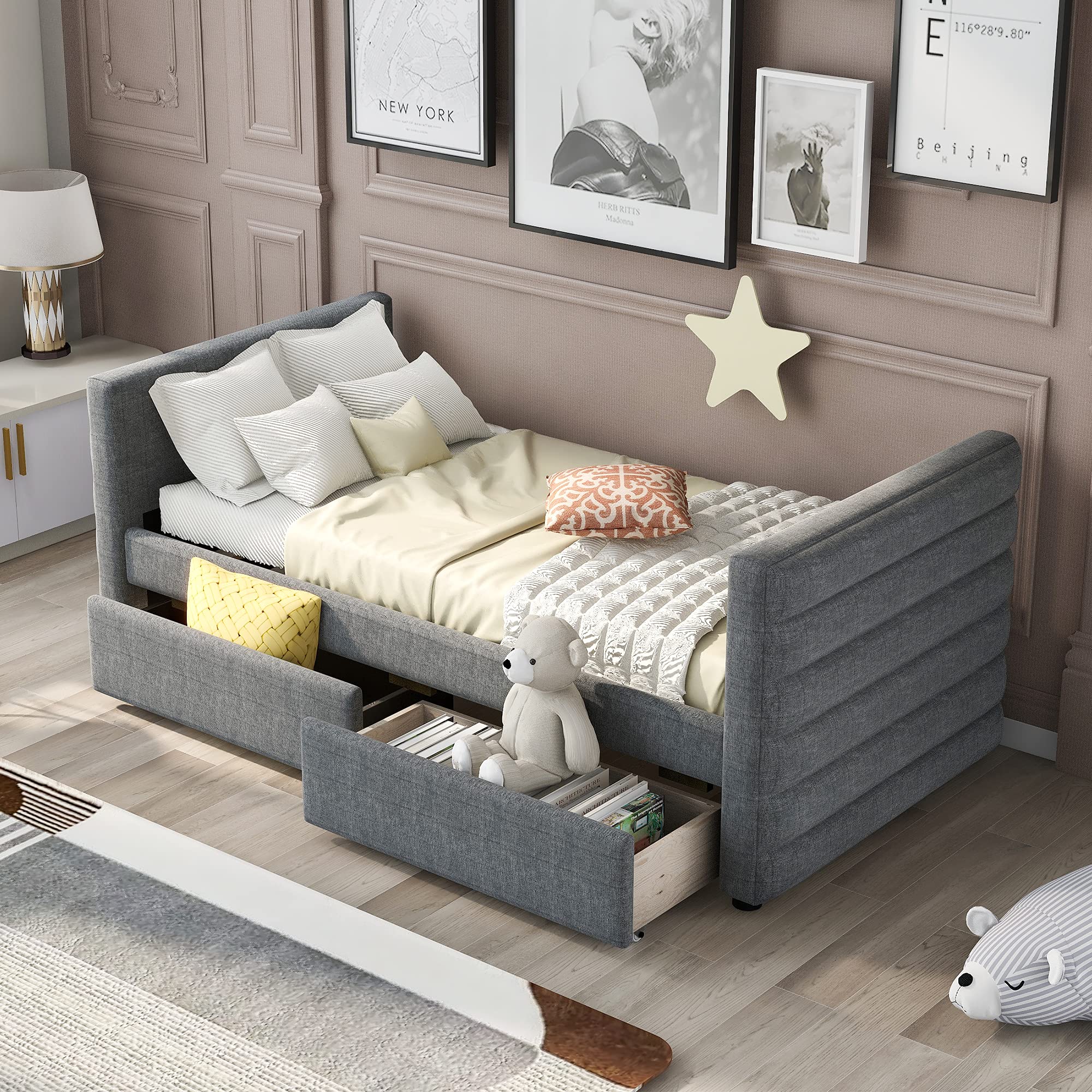 LZ LEISURE ZONE Queen Size Linen Upholstered Platform Bed with Headboard & Storage Drawers | Wood Slat Support | No Box Spring Needed | Easy Assembly | Modern Bedroom Furniture for Master Bedroom, Guest Room & Apartment