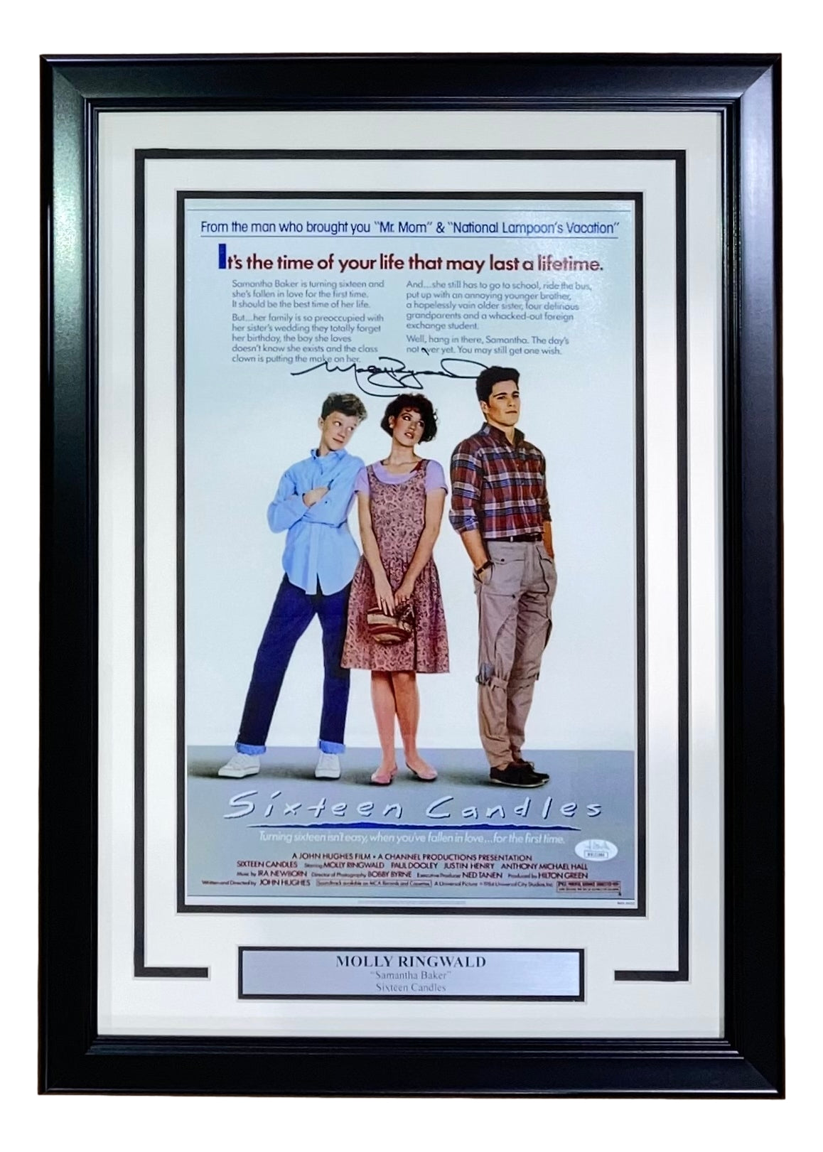 Molly Ringwald Autographed 11x17 Sixteen Candles Movie Poster - Framed with JSA Certificate - Perfect for Movie Memorabilia Collectors & 80s Film Fans