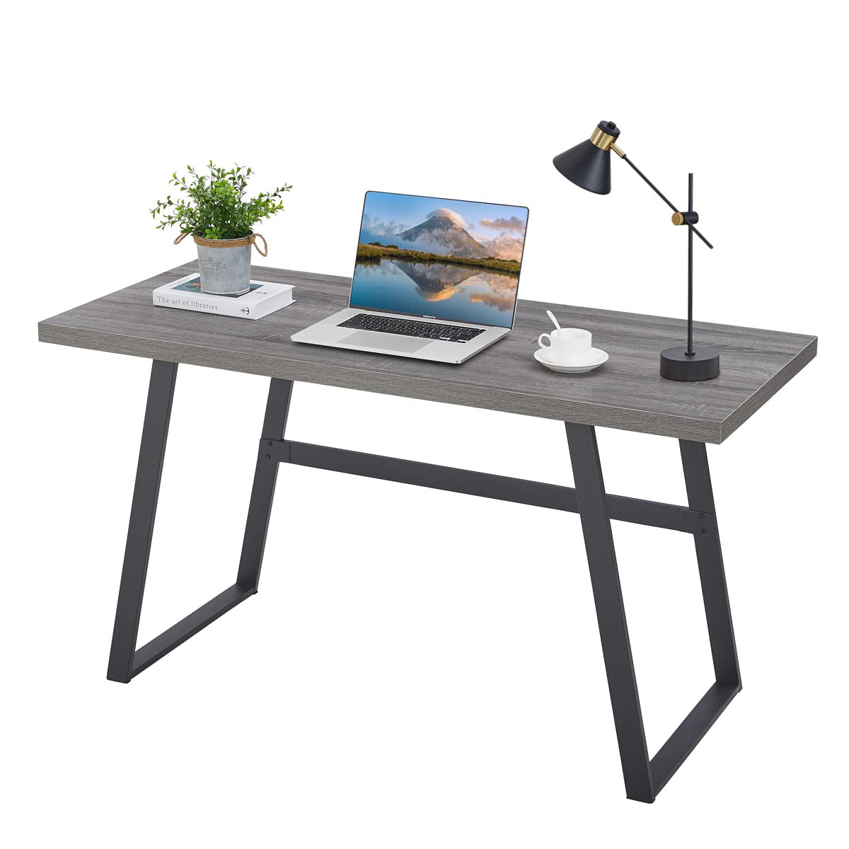 BON AUGURE 55 Inch Rustic Wood Computer Desk - Modern Home Office & Study Writing Table with Metal Frame (Dark Grey Oak) - Perfect for Small Spaces, Remote Work & Dorm Rooms