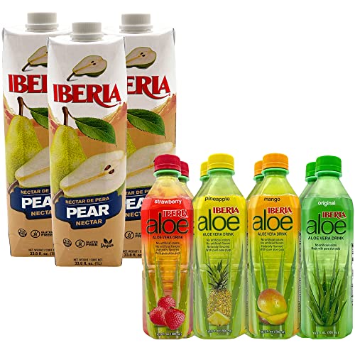 Organic Iberia Aloe Vera Drink with Pure Aloe Pulp - 8 Pack | Iberia Pear Nectar Juice - 33.8 Fl Oz, 3 Pack | Refreshing Hydration for Summer, Detox & Healthy Lifestyle