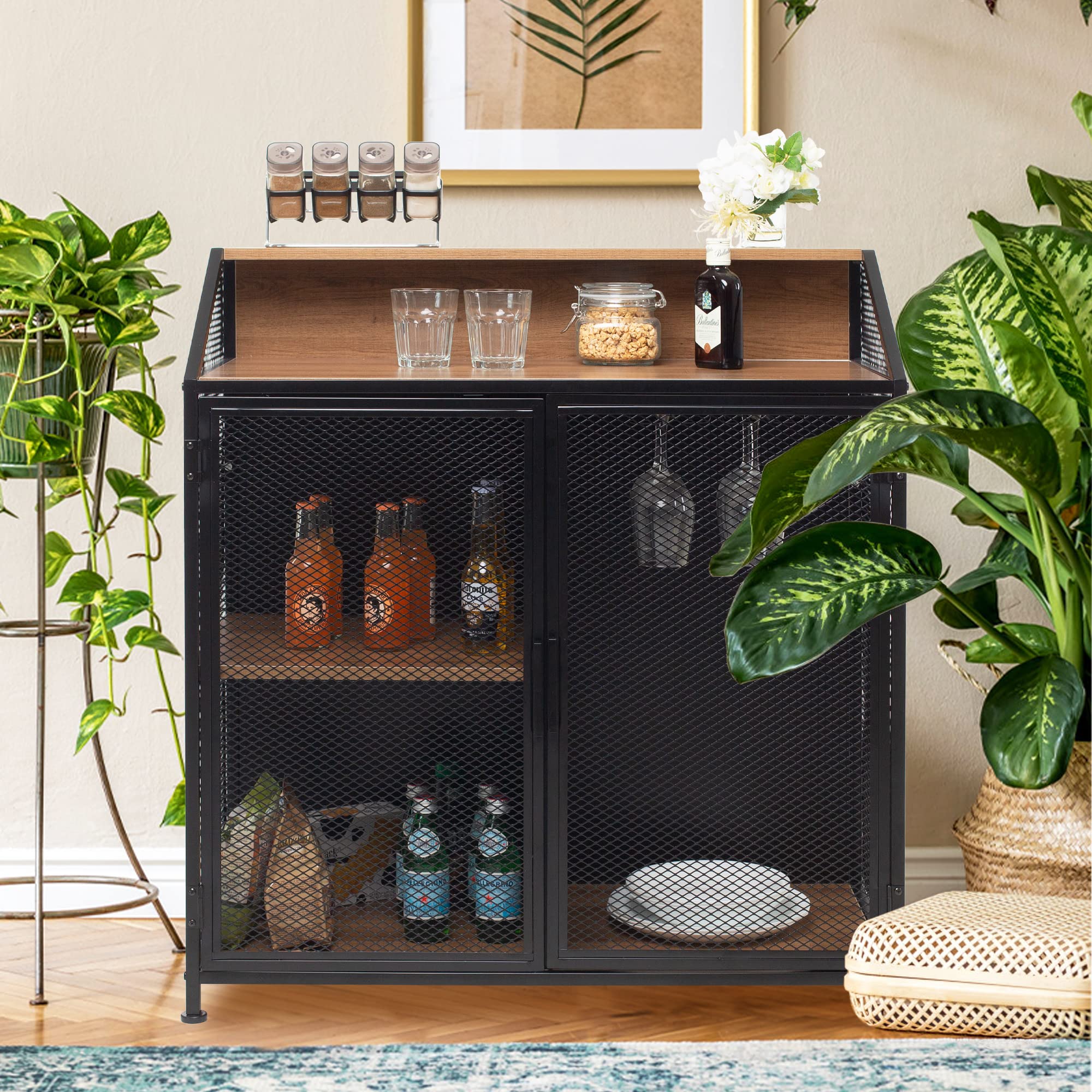 NSdirect 33 Inch Industrial Metal Coffee Bar Storage Cabinet with Mesh Doors - Wine Rack & Liquor Organizer for Home Bar, Kitchen, or Dining Room