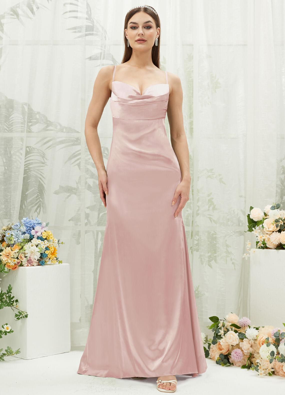 Elegant Blush Satin Cowl Neck Backless Long Bridesmaid Dress with Adjustable Straps - Perfect for Weddings, Formal Events & Evening Parties