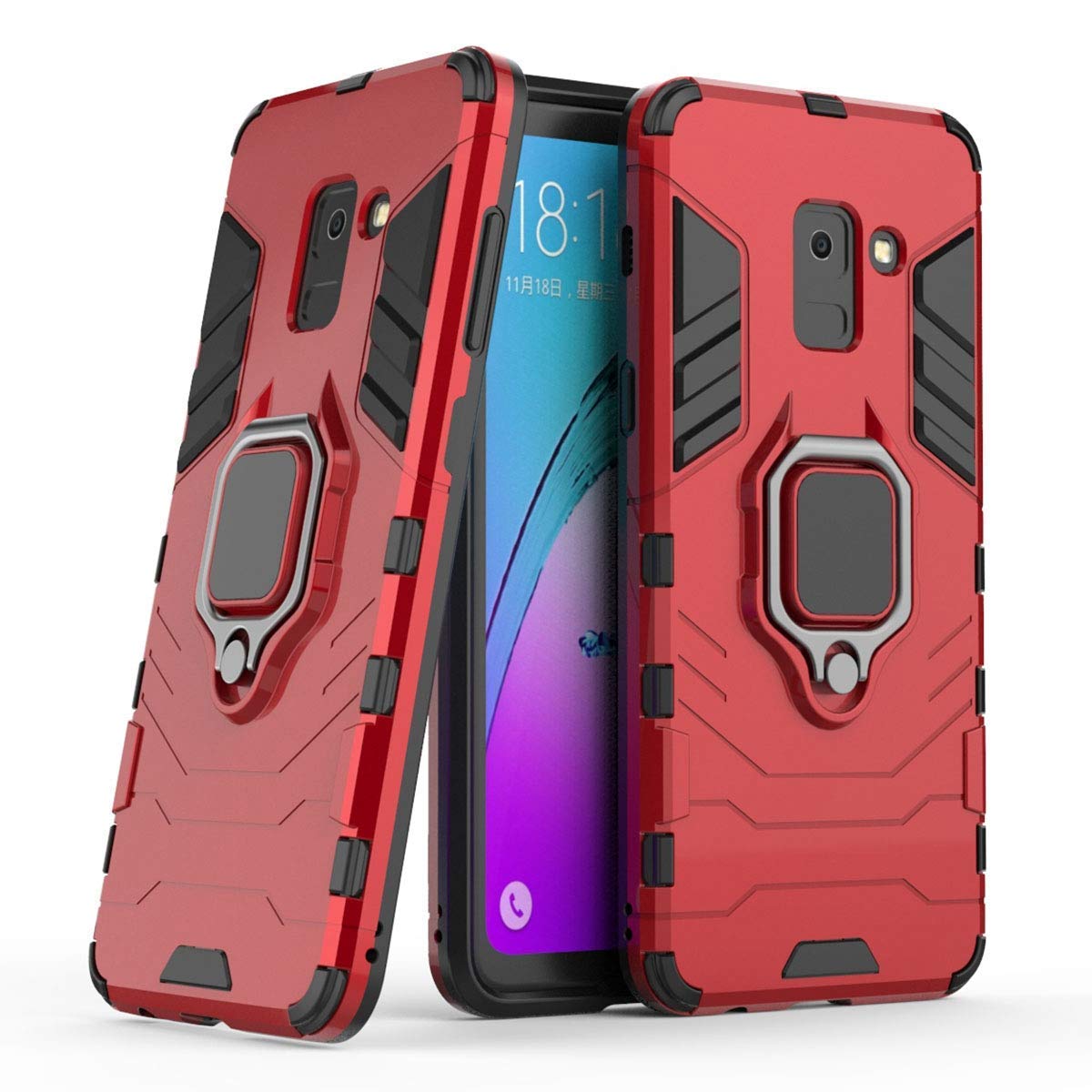 Shockproof Rugged Case for Samsung Galaxy A8 (2018) - Dual Layer Hard Bumper with Metal Ring Grip & Kickstand | Compatible with Magnetic Car Mount | Perfect for Outdoor Activities, Work & Travel (Red)