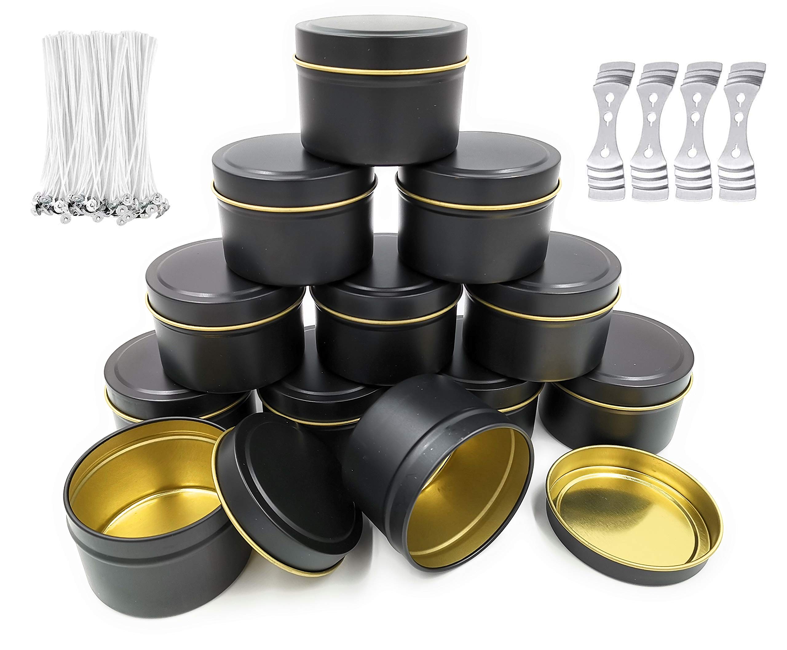 NRANSON 12 Pack 8 Oz Black Metal Candle Tins with Lids - DIY Candle Making Kit Includes 50 Cotton Wicks, 40 Wick Stickers, 4 Wick Holders - Perfect for Homemade Soy Wax Candles, Gifts & Home Decor (8OZ)